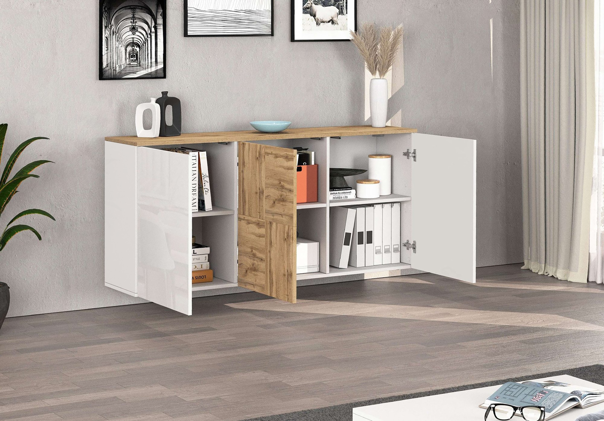 GOODproduct Sideboard »ISEO, Kommode, Schrank, Sideboard, Lowboard, 6 Fächer, Breite 150 cm« 1 Stk. tlg. stehend/hängend, 3 Türen Hochglanz lackiert, Made in Italy