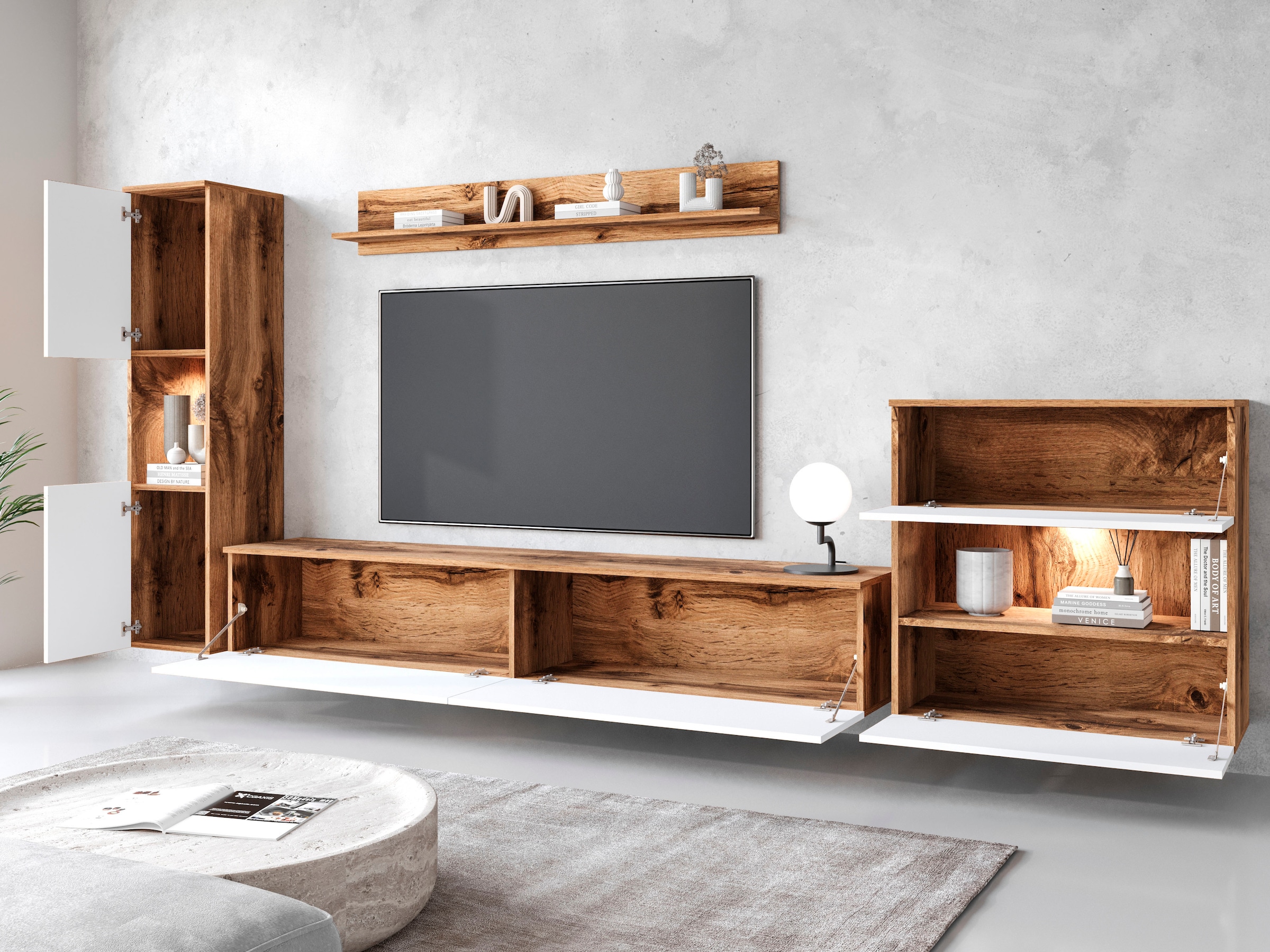 GOODproduct Wohnwand »PARIS, Vitrine Türanschlag links/rechts wechselbar« Komplett-Set, 4 Stk. tlg.