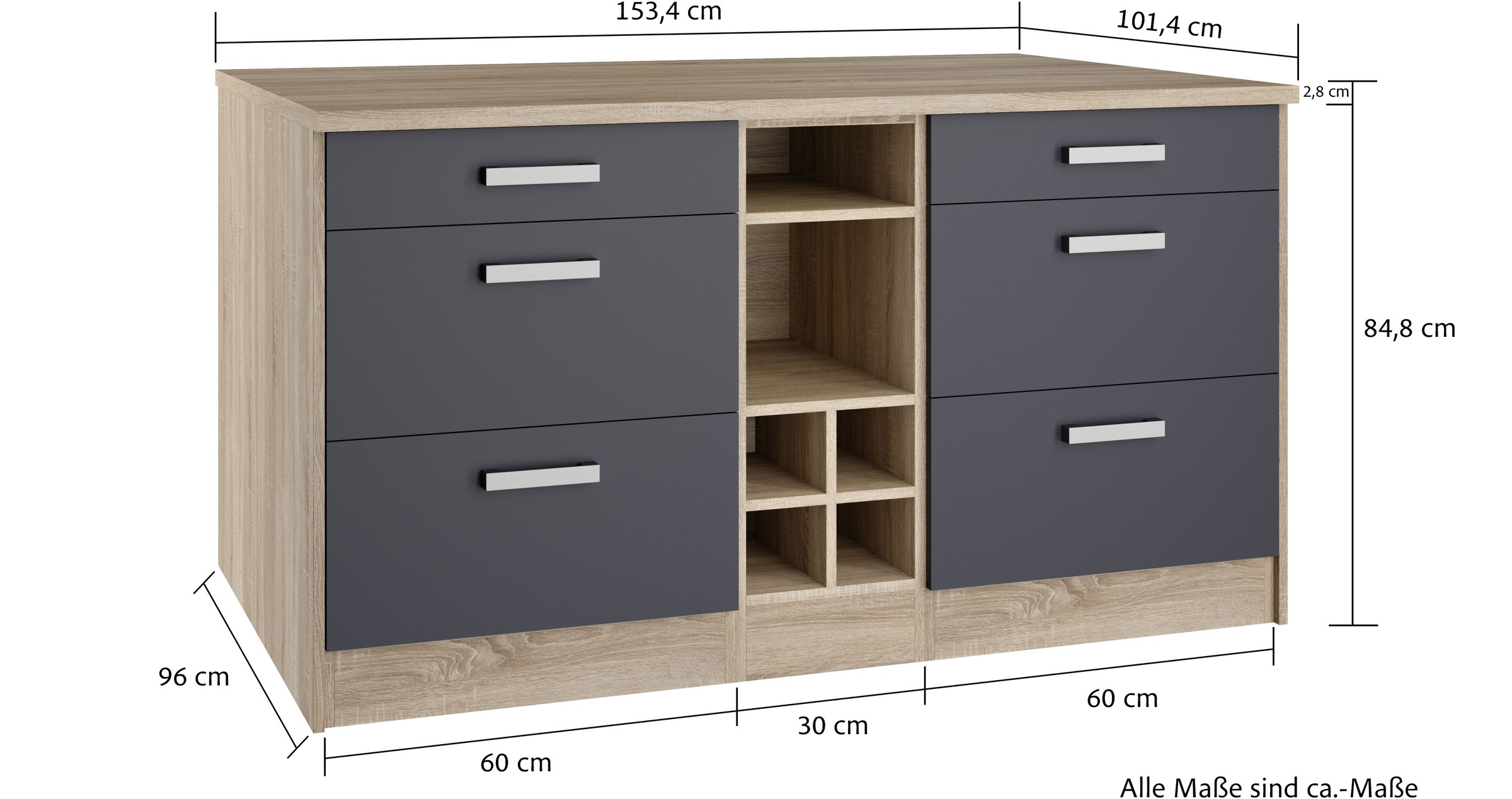KOCHSTATION Ilot de cuisine »KS-Toronto« largeur 153 cm, façades MDF, casier à bouteilles