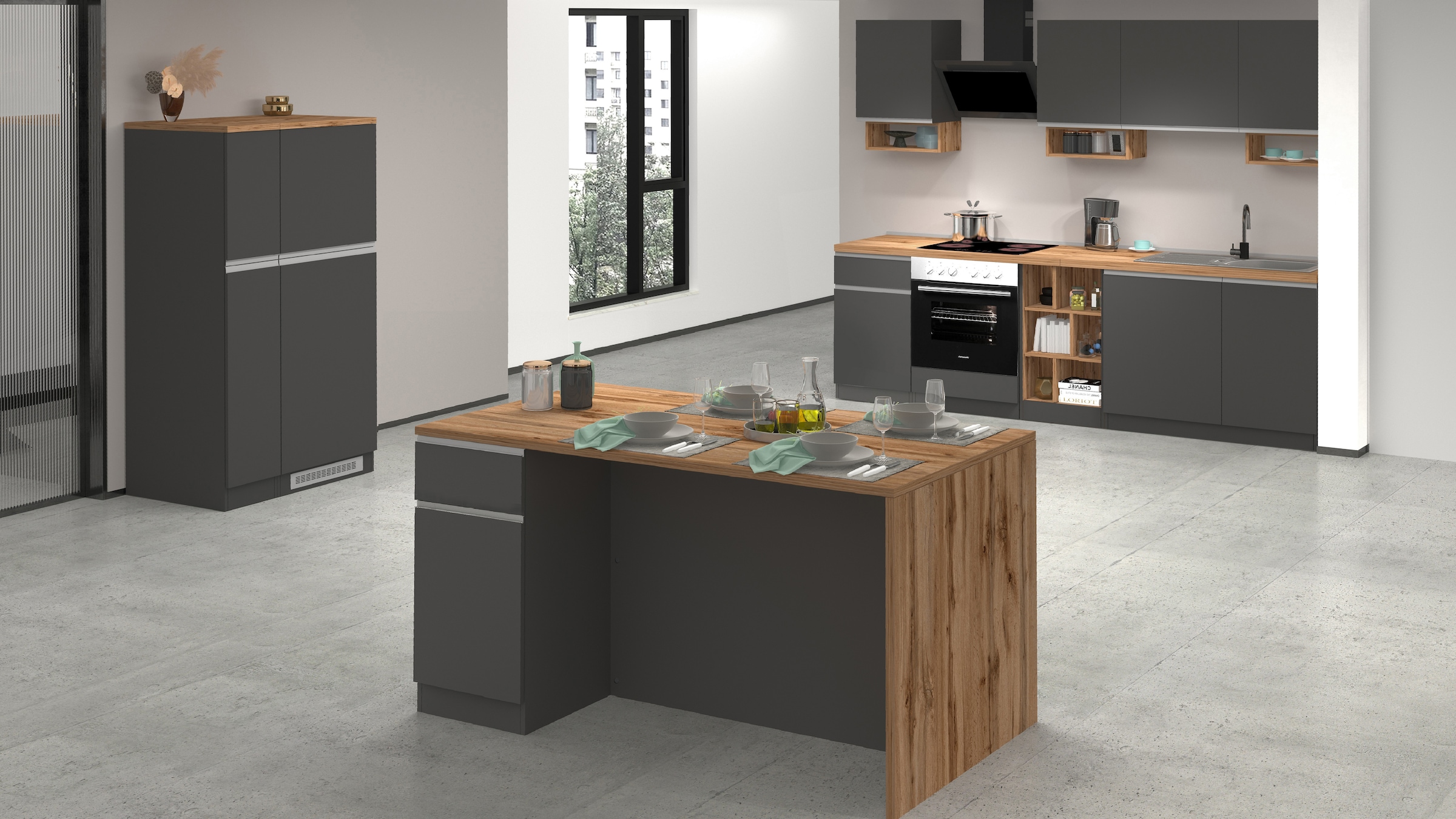 KOCHSTATION Ilot de cuisine »Sole,Kochinsel,Küchenarbeitsblock,Inselküche,Arbeitsinsel« Breite 160 cm mit 2 Türen,2 Schubkästen, Aluminiumgriff