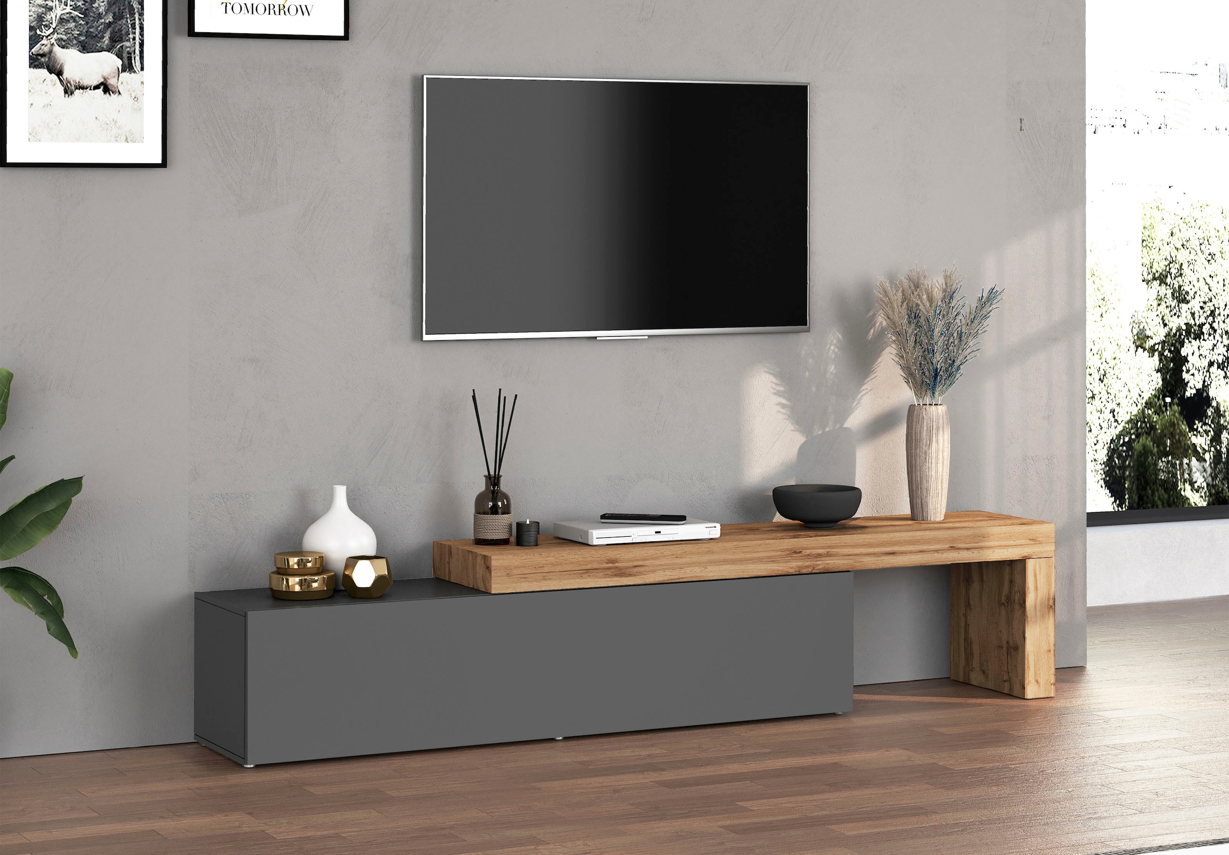 INOSIGN Table basse »Chronos TV-Board, TV-Schrank« Breite verstellbar von 190 bis 350 cm, 1 cuis tlg. Breite 270 cm TV-Board,Lowboard,1 Klappe und ein L-Förmiger Aufsatz