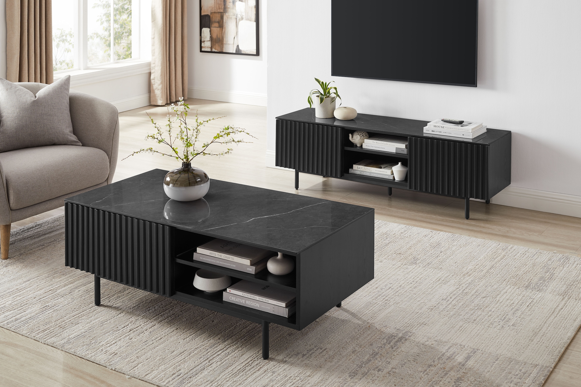 GOODproduct Tableau TV »Candise« Sintersteinplatte, Soft-Close-Funktion, FSC-zertifiziertem Eschenholz