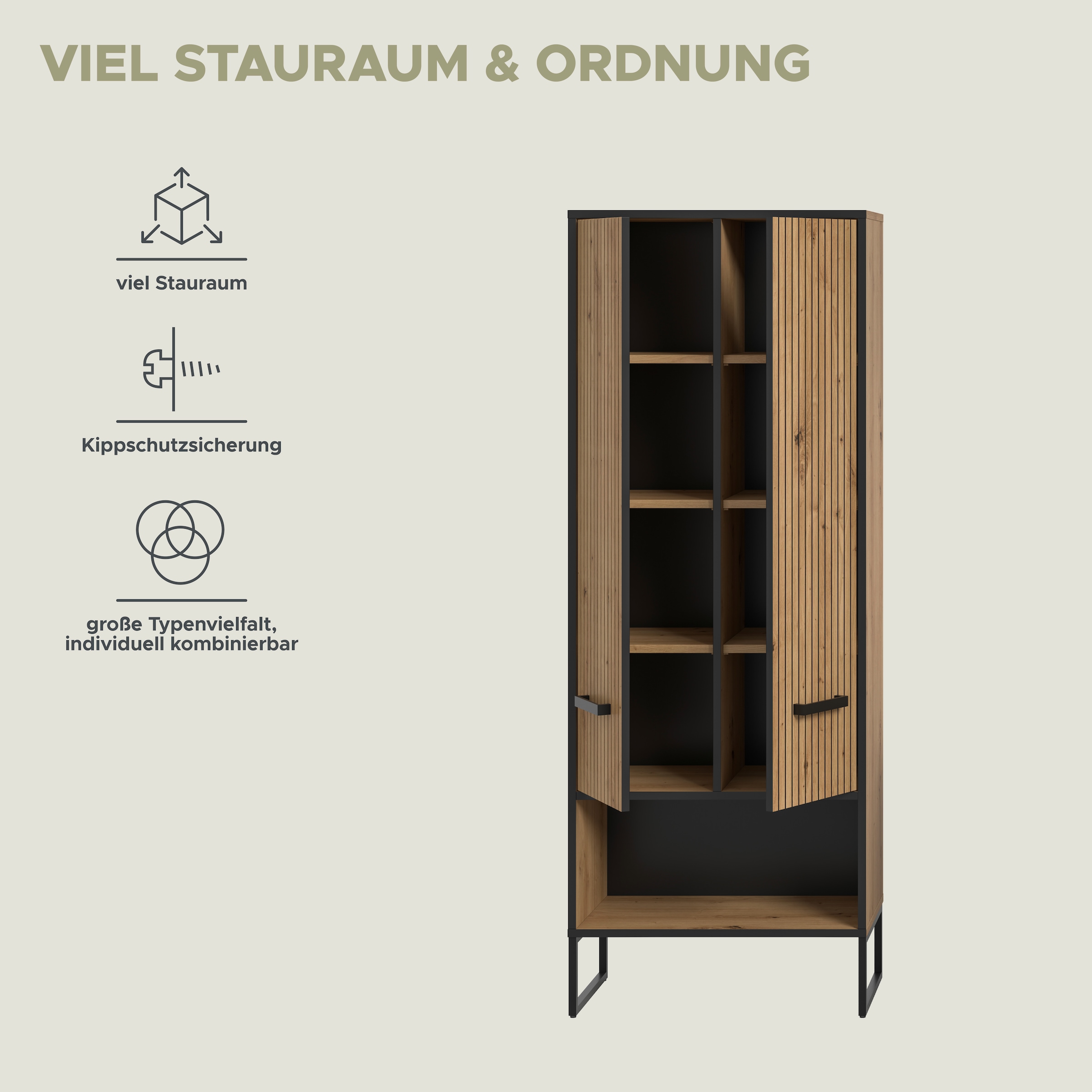 welltime Armoire haute »LOCRI, Höhe 159 cm, 2 Türen, 6 Einlegeböden, 1 offenes Fach« Look industriel avec rainures & patins métalliques, 1 cuis tlg. semelles intérieures variables, design moderne, armoire de salle de bain, salle de bain