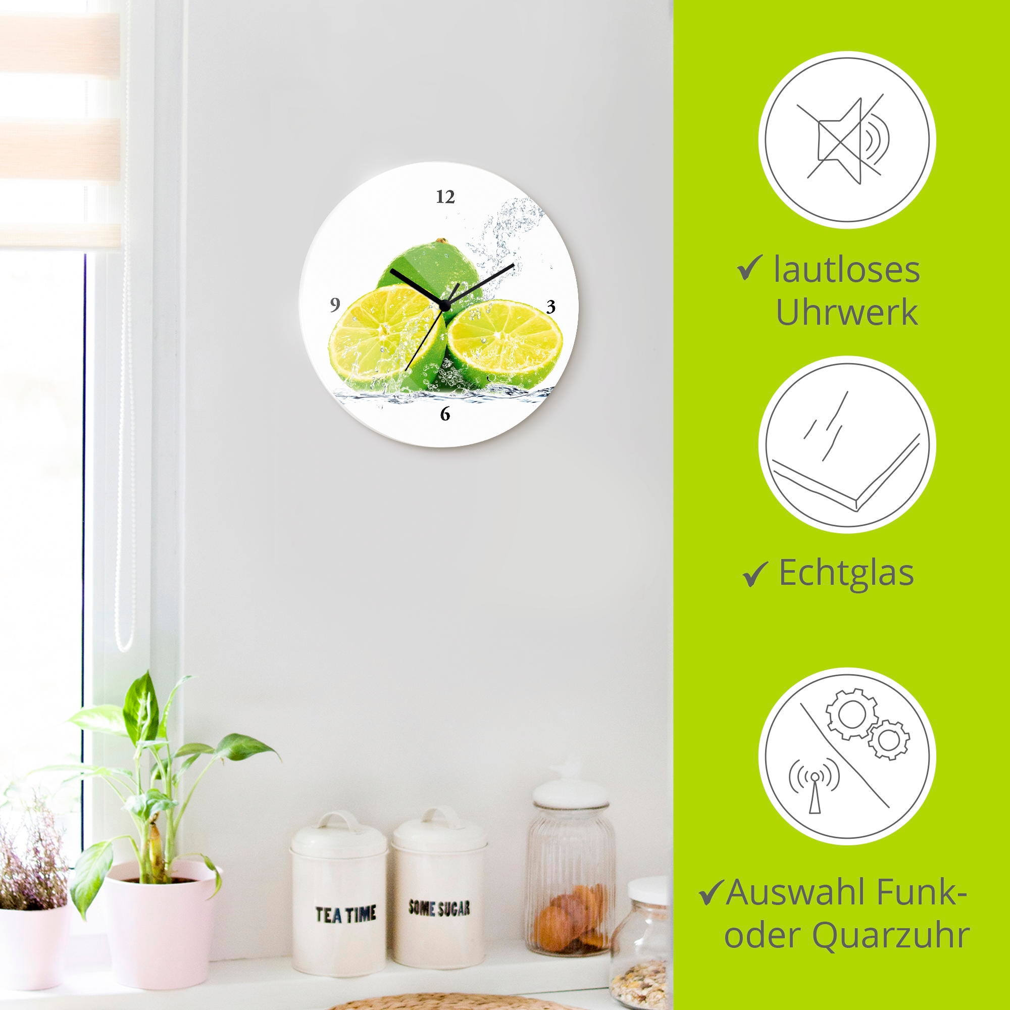 Artland Wanduhr »Limette mit Spritzwasser« wahlweise mit Quarz- oder Funkuhrwerk, lautlos ohne Tickgeräusche