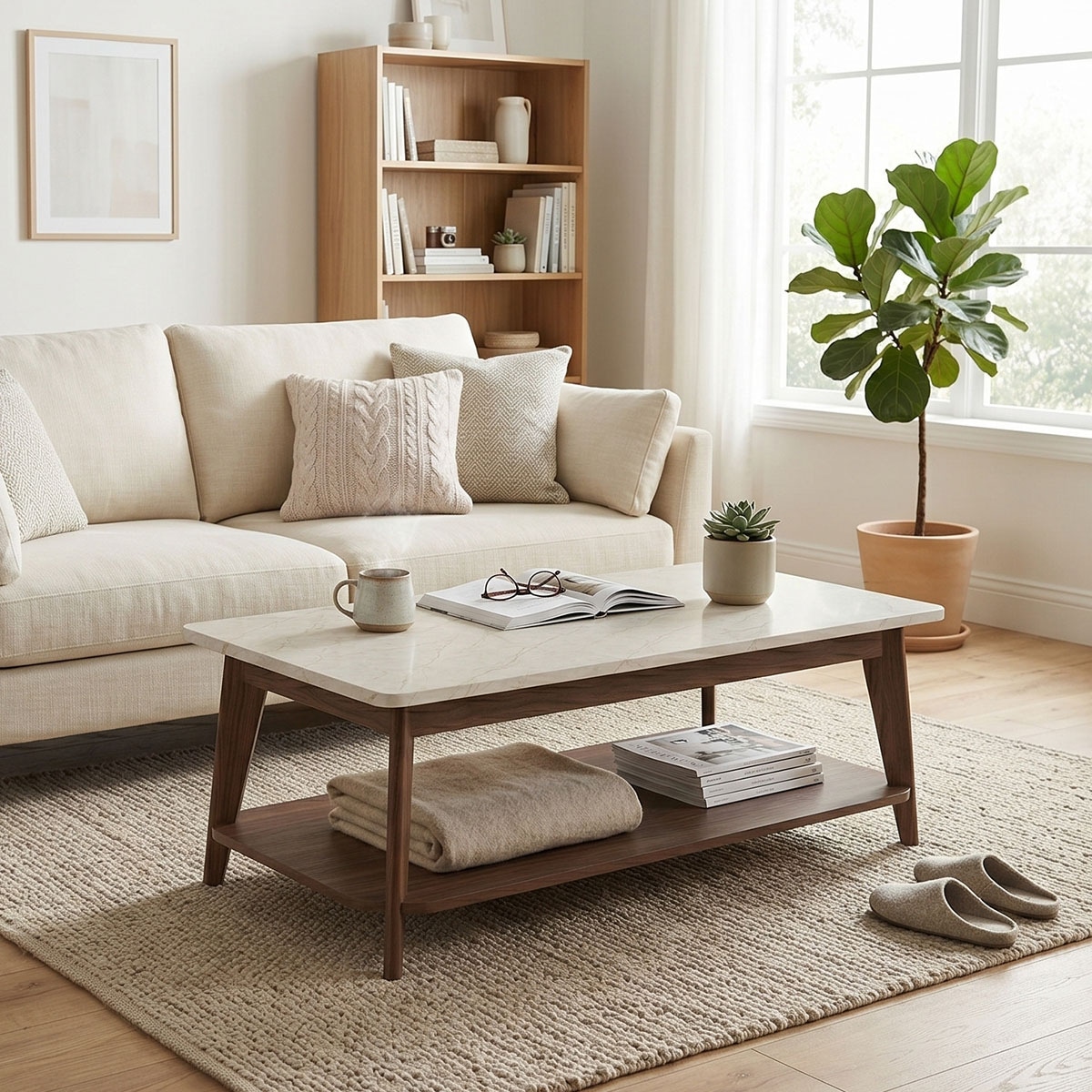 Jahnke Table basse »SIXTY COFFEE« table basse, 2 niveaux, style scandinave, aspect noyer et marbre, largeur : 110 cm