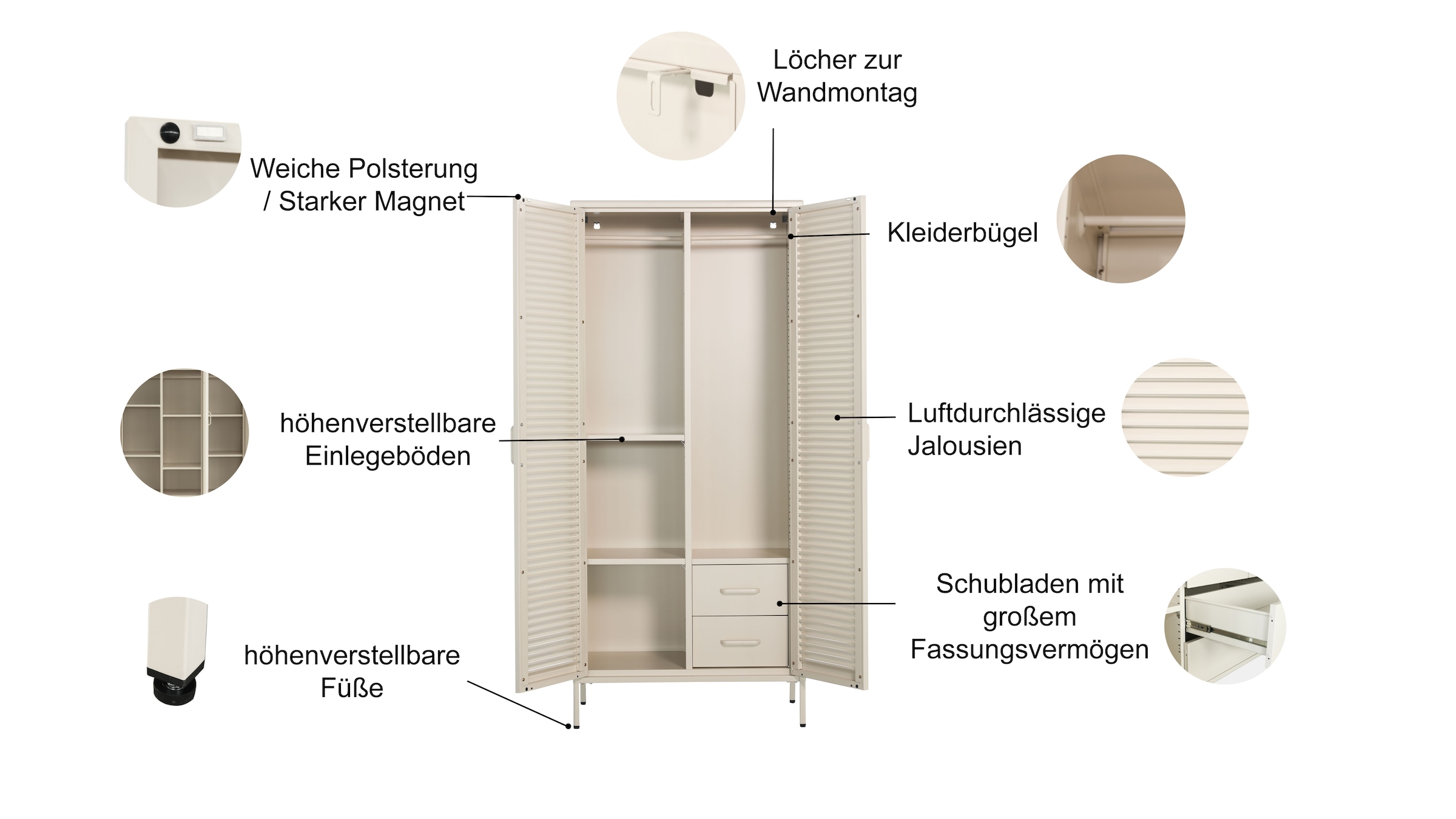 GOODproduct Kleiderschrank »GERRON Kleiderschrank Metallschrank Spind« Schlafzimmerschrank mit 2 Türen weiss Breite 80cm