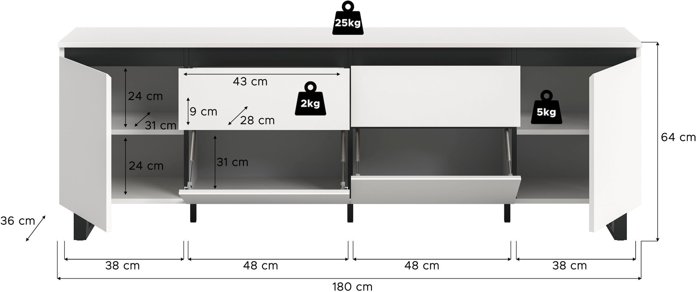 Home affaire Table basse »TOMA, 188cm breit, Metall-Kufen-Fuss, 2 Türen, 2 Schubkästen,2 Klappen« TV-Lowboard, Mediaschrank, Mediaboard, TV-Schrank, Schrank, Board