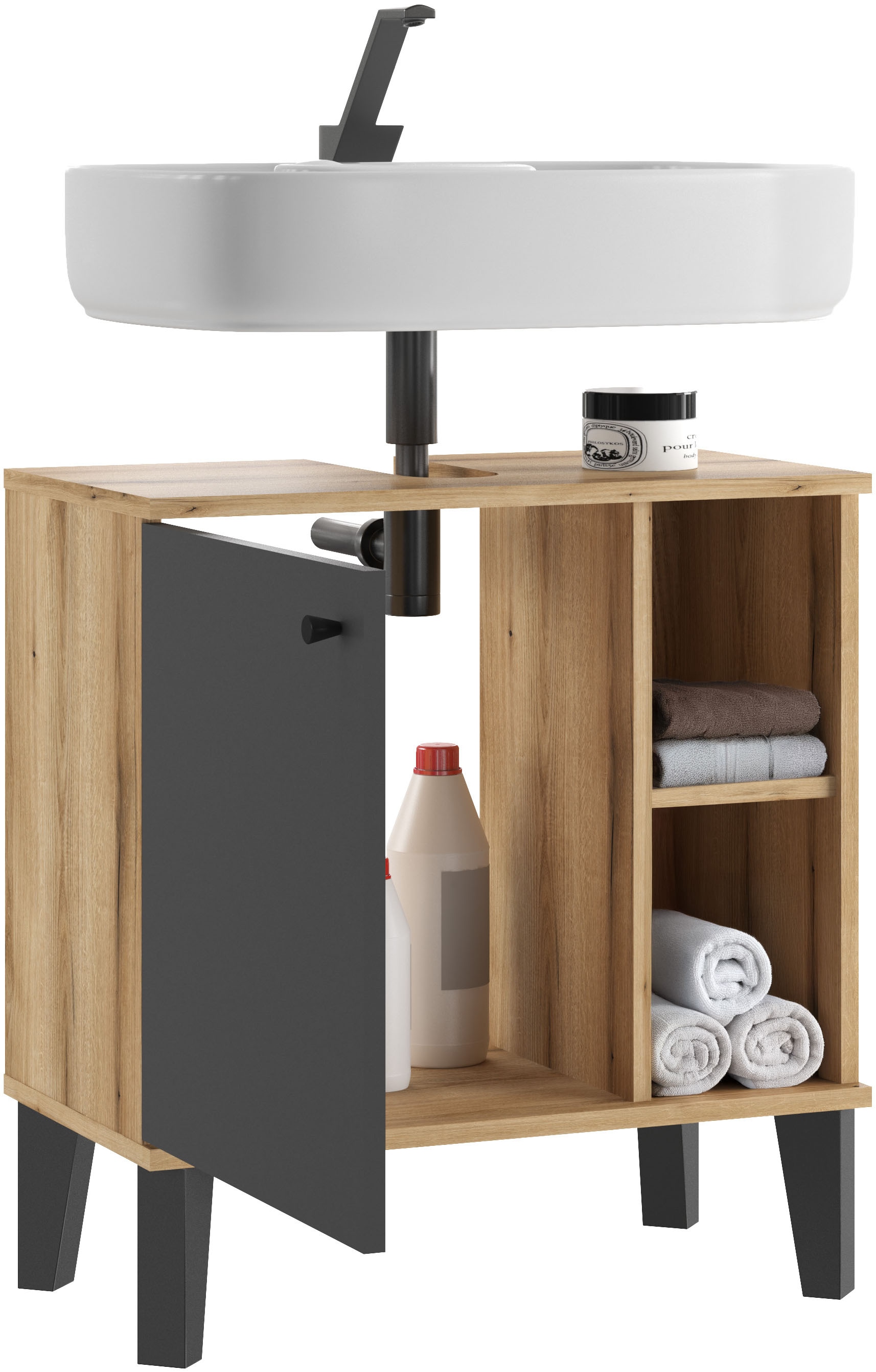 INOSIGN Waschbeckenunterschrank »Oslo, Waschtisch mit Knopfgriff, Badschrank im skandinavischen Design« in der Türfarbe Weiss oder Grau verfügbar, ausreichend Stauraum