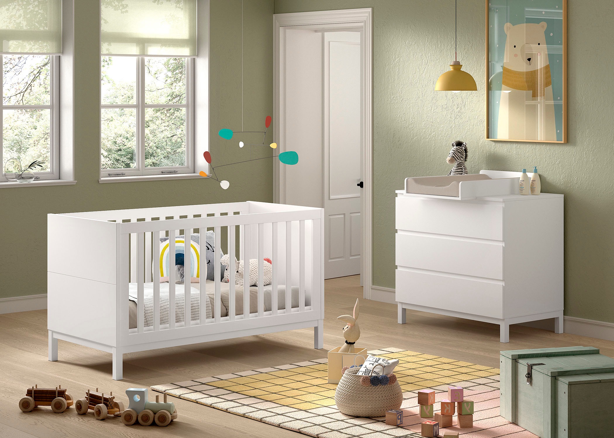 Vipack Ensemble de meubles pour bébé »Set best. aus Babybett 70/140, Kommode 3 Schubladen, Wickelaufsatz« 3 cuis tlg. au design épuré, surface laquée facile d'entretien en blanc