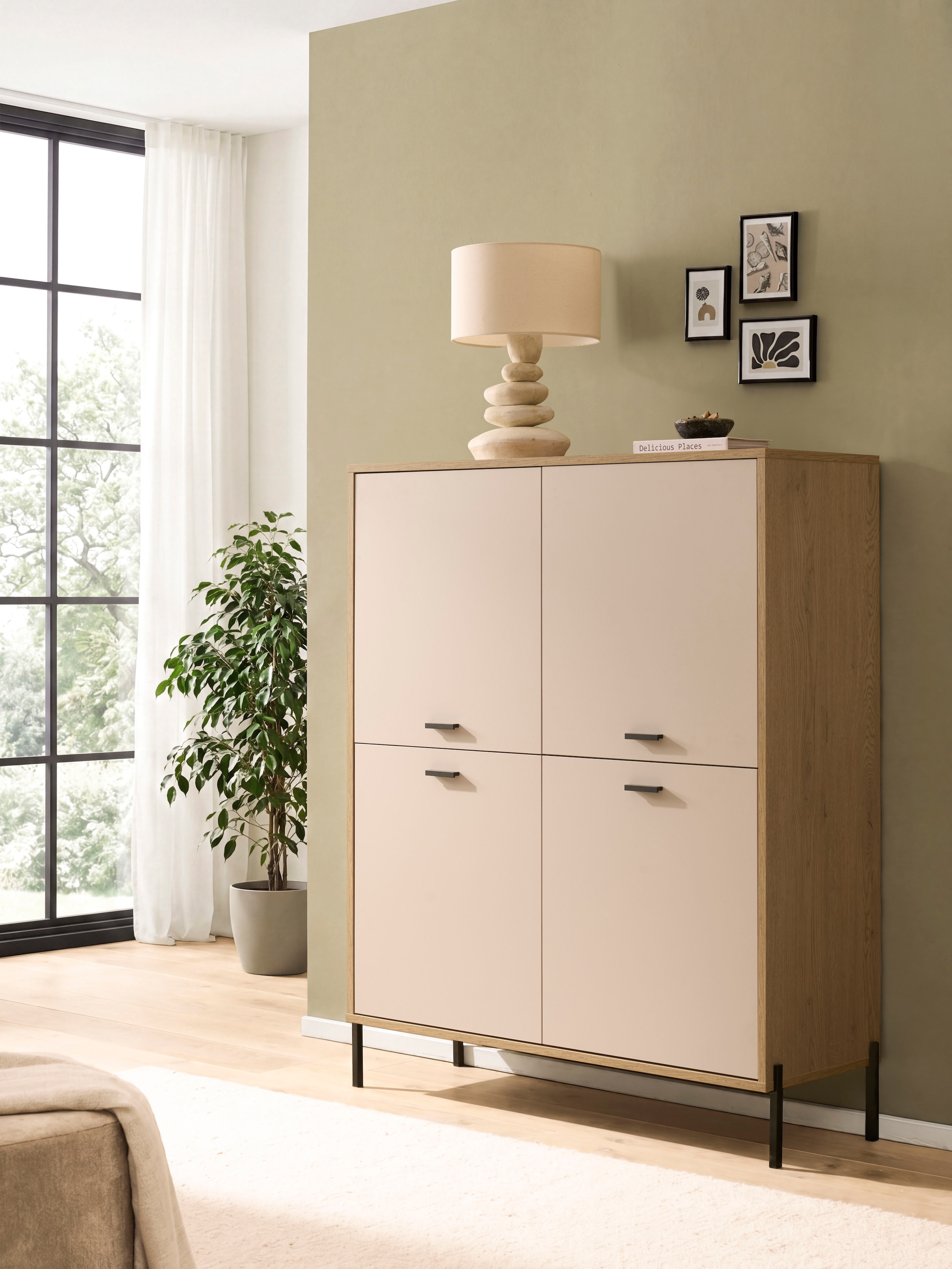 Home affaire Highboard »Fredericia, Hochkommode, modernder Stauraum in Kaschmir« zeitlos, schwarze Metallgriffe und -füsse, ausreichend Stauraum