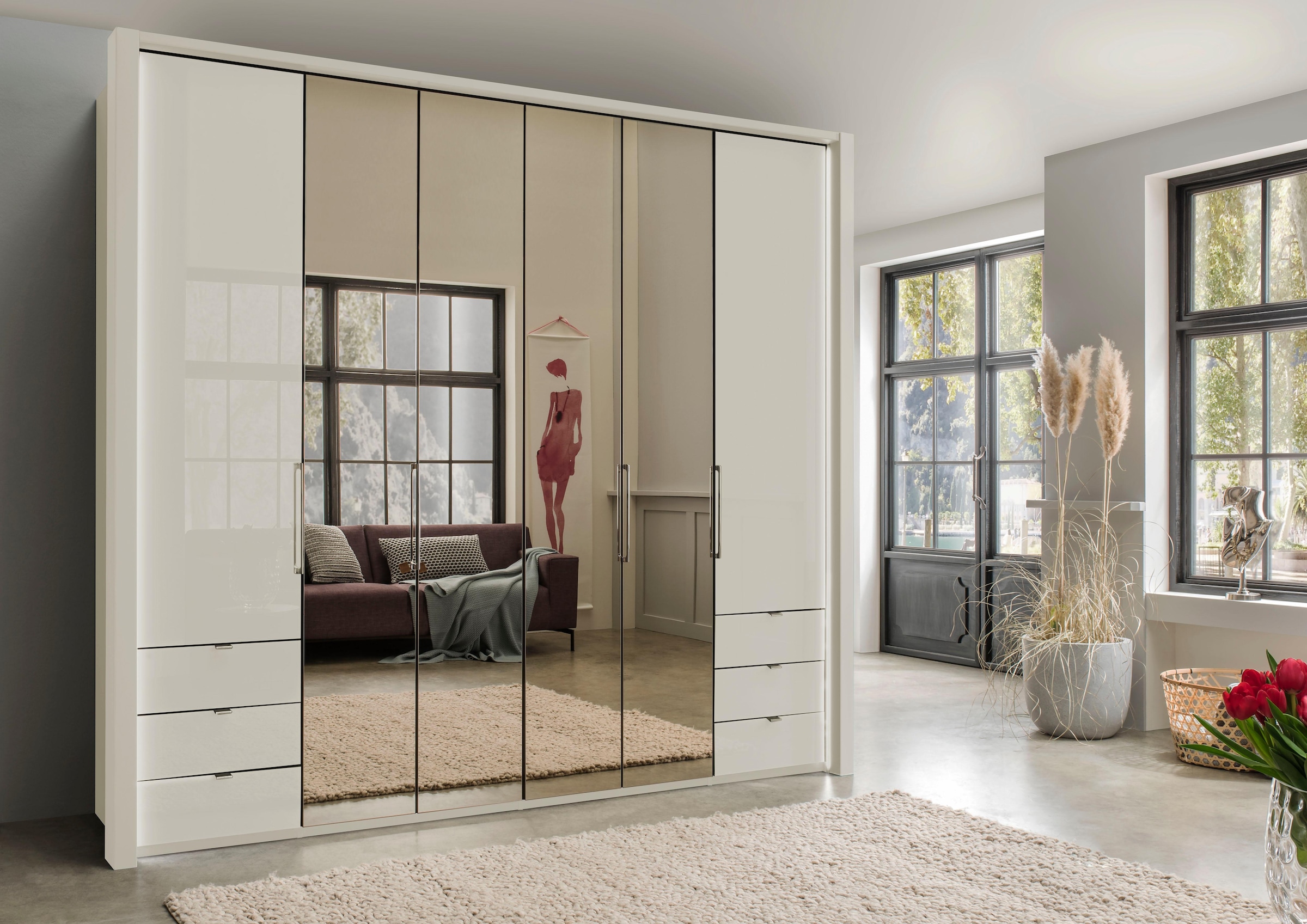 WIEMANN Armoire à portes pliantes »Kansas, Kleiderschrank, Schrank, Wäscheschrank, mit Glas und Spiegel« 2 Breiten, MADE IN GERMANY,  inkl. gepämpften Schubkästen und Türen, mit Panoramaöffnung