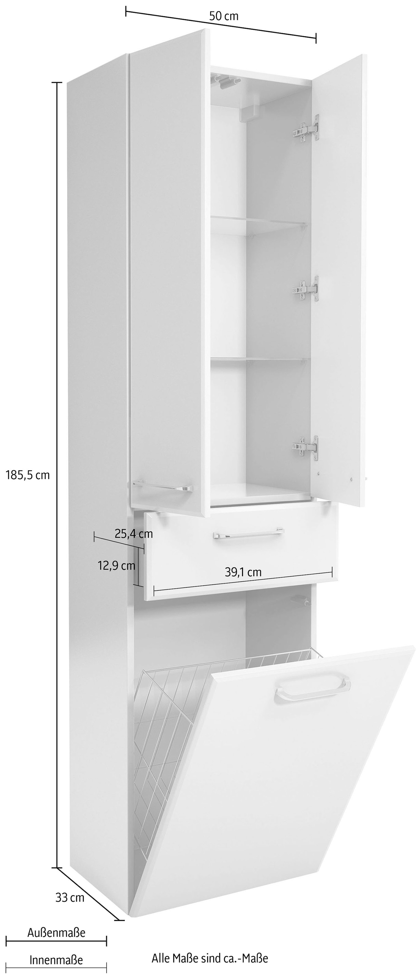 Saphir Armoire haute »Quickset Badschrank 50 cm breit, 2 Türen, 1 Schublade, 1 Wäschekippe« armoire haute de salle de bain avec amortisseur de porte, poignées chrome brillant