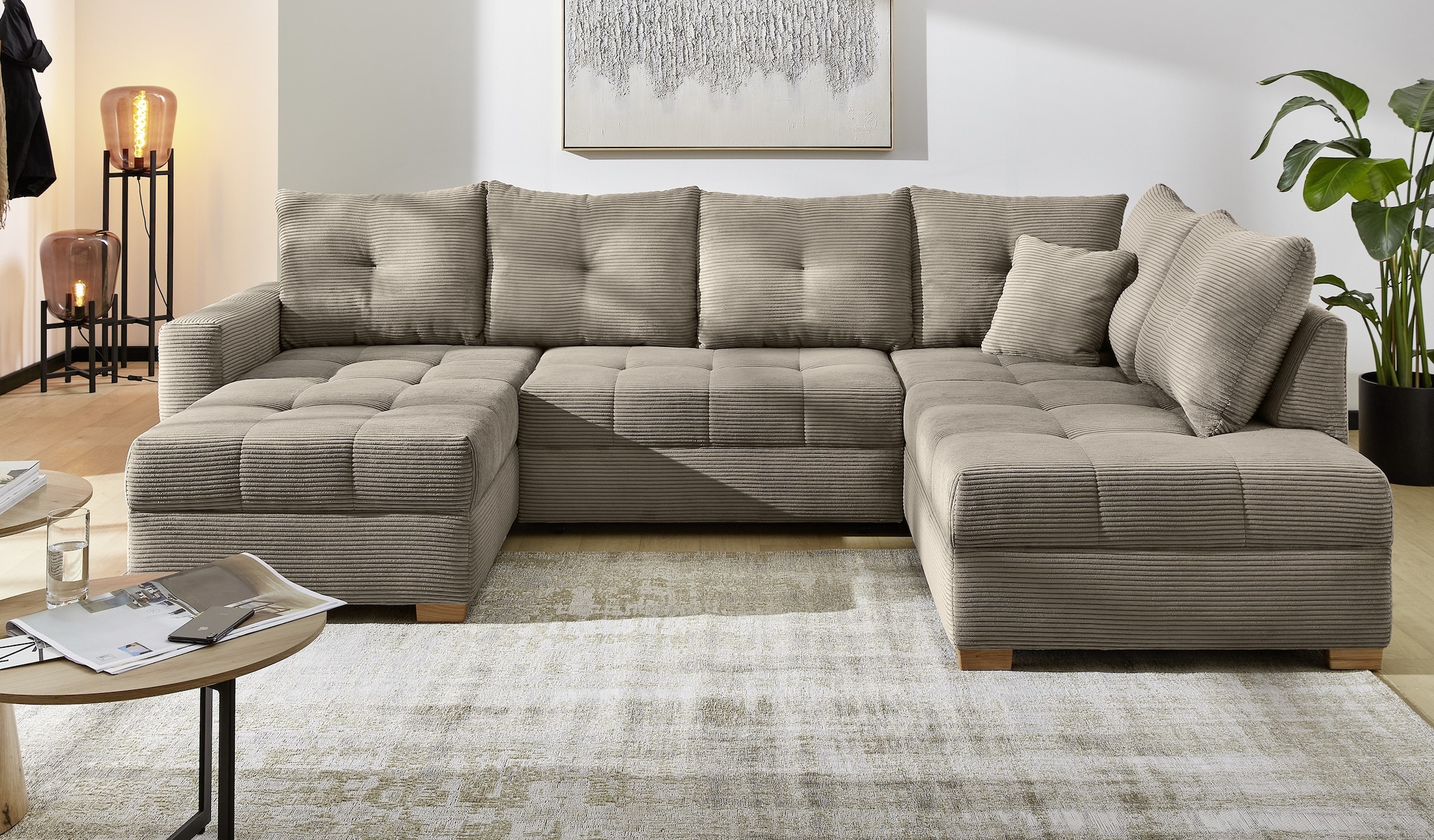 Jockenhöfer Gruppe Wohnlandschaft »Abby U-Form, B: 313 cm, inkl. Schlaffunktion« inkl Bettkasten,  grosse Liegefläche 273x147cm, Massivholz Füsse