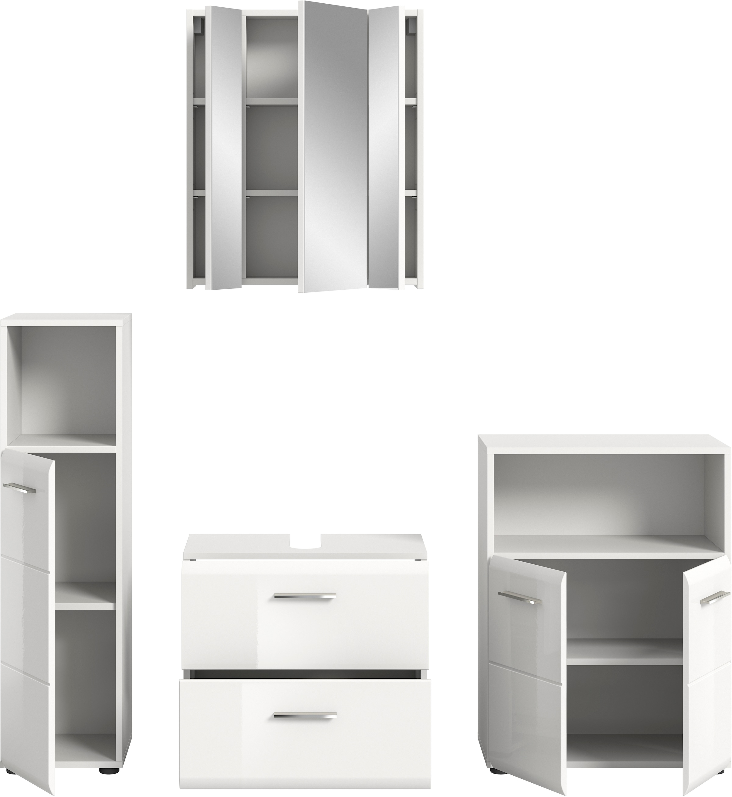 welltime Badmöbel-Set »FLORENZ, TOPSELLER!, 4-teilige Badkombination, hochwertige MDF-Front« Set, Midischrank hoch, WBU, Spiegelschrank, Midischrank breit, 