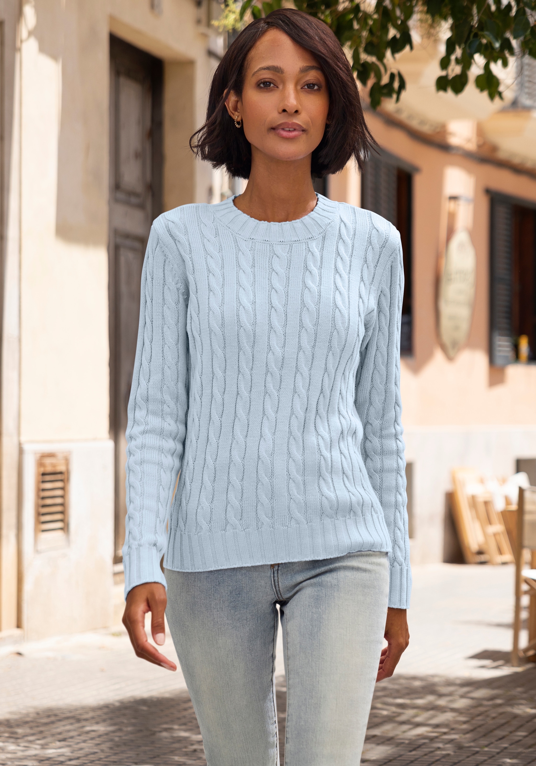 LASCANA Pull à col rond mit Zopfstrickmuster, gemütlicher Strickpullover, klassisch