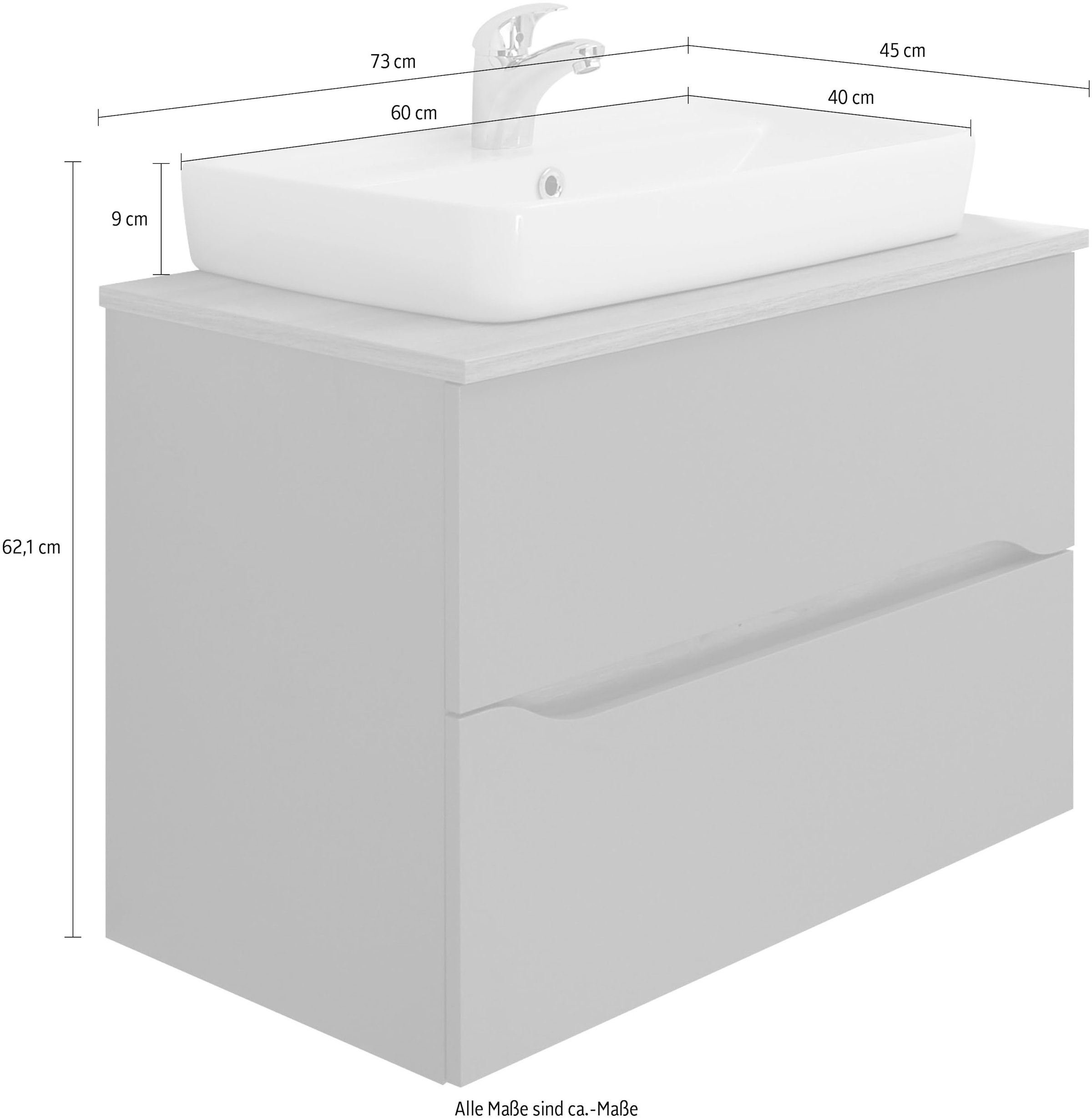 Saphir Table de lavage »Quickset Keramik-Aufsatzbecken mit Unterschrank, 73 cm breit« meuble-lavabo, meuble sous-lavabo avec lavabo, 2 tiroirs, sans poignées