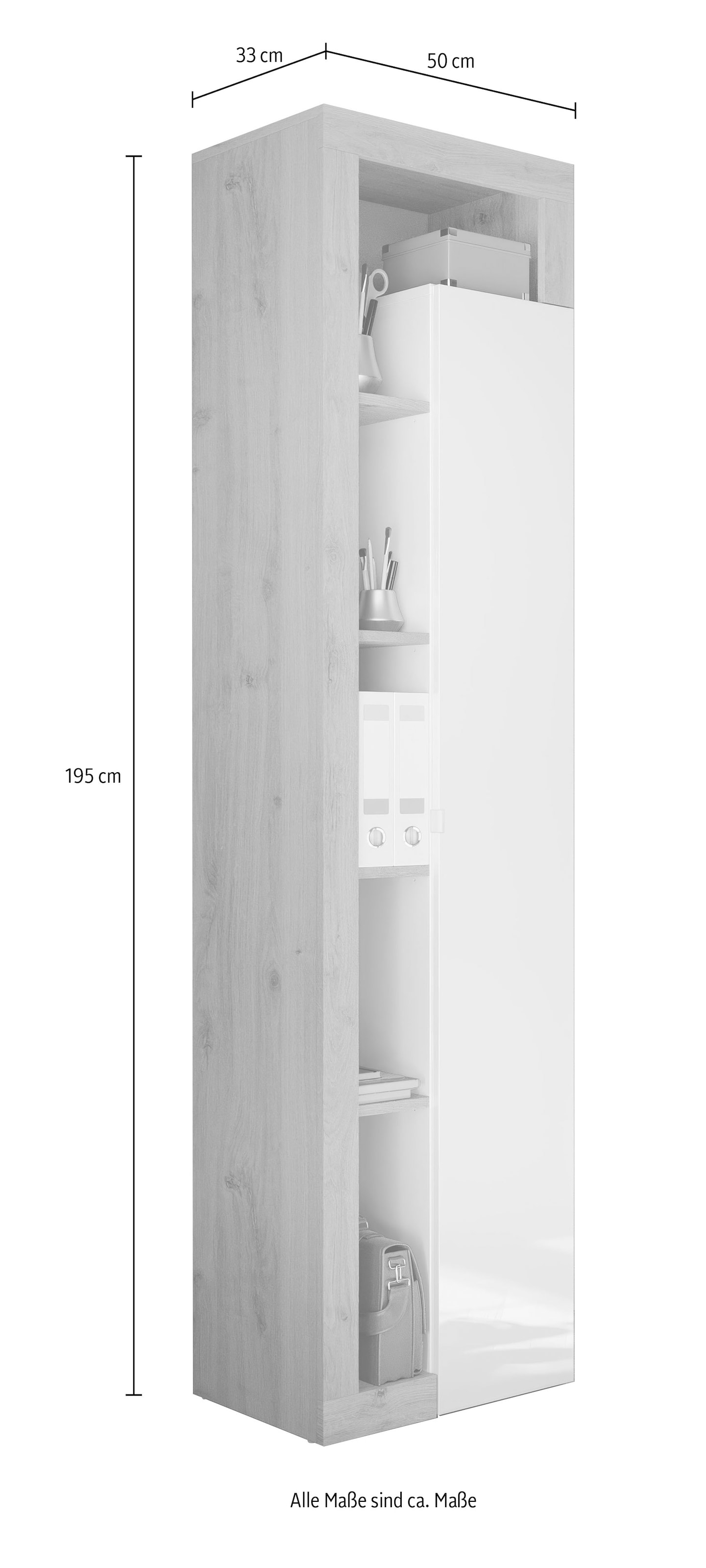 Home affaire Aktenschrank »Hamburg Höhe 189 cm, Breite 50 cm, 1 Tür, offene Fächer, Büroschrank,« Mehrzweckschrank, dekorativer Rahmen, Metallgriff, viel Stauraum