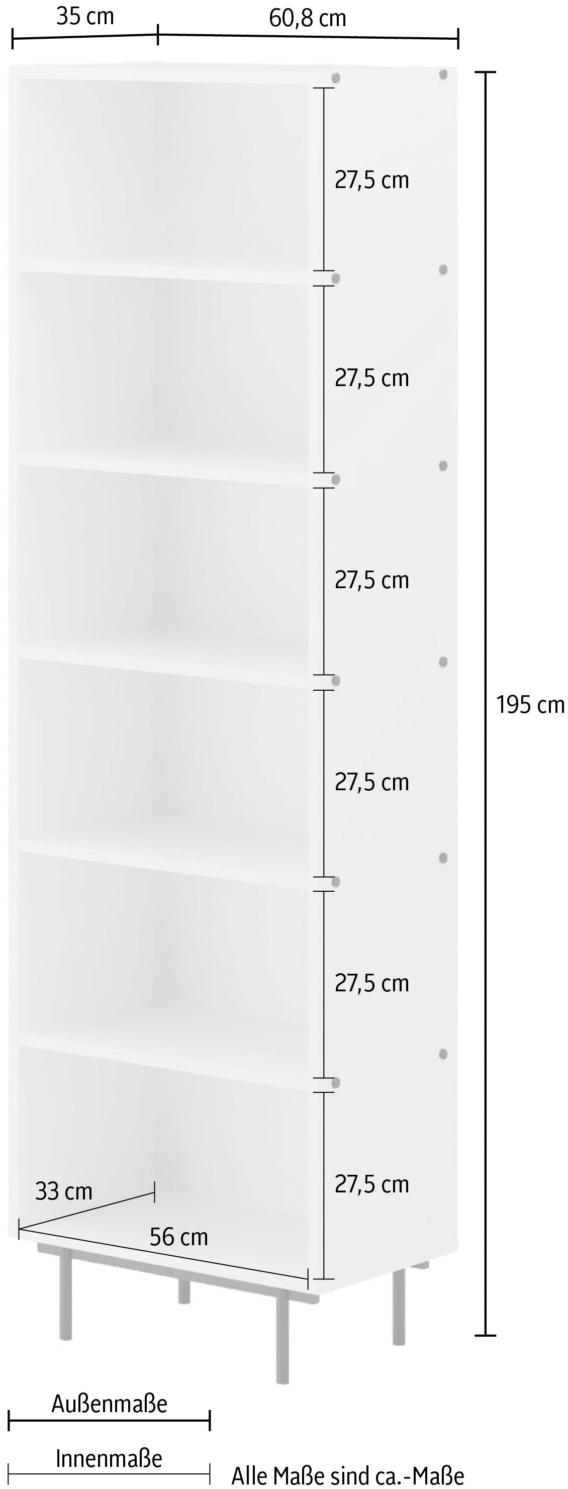 Home affaire Étagère sur pied »Arrocco: Schlankes Regal in 2 Farben mit Metallelementen, stilvoll« B/T/H: 60,8/35/195cm, 5 offene Fächer, viel Platz, Made in Poland
