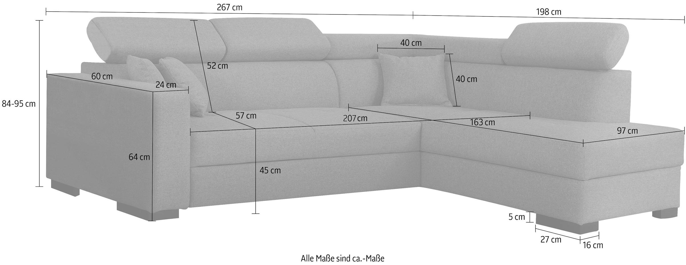 Home affaire Ecksofa »Tulio bequem, bewährte Wellenunterfederung, Breite 267cm, L-Form« wahlweise mit Bettfunktion und Bettkasten, incl. 3 Zierkissen