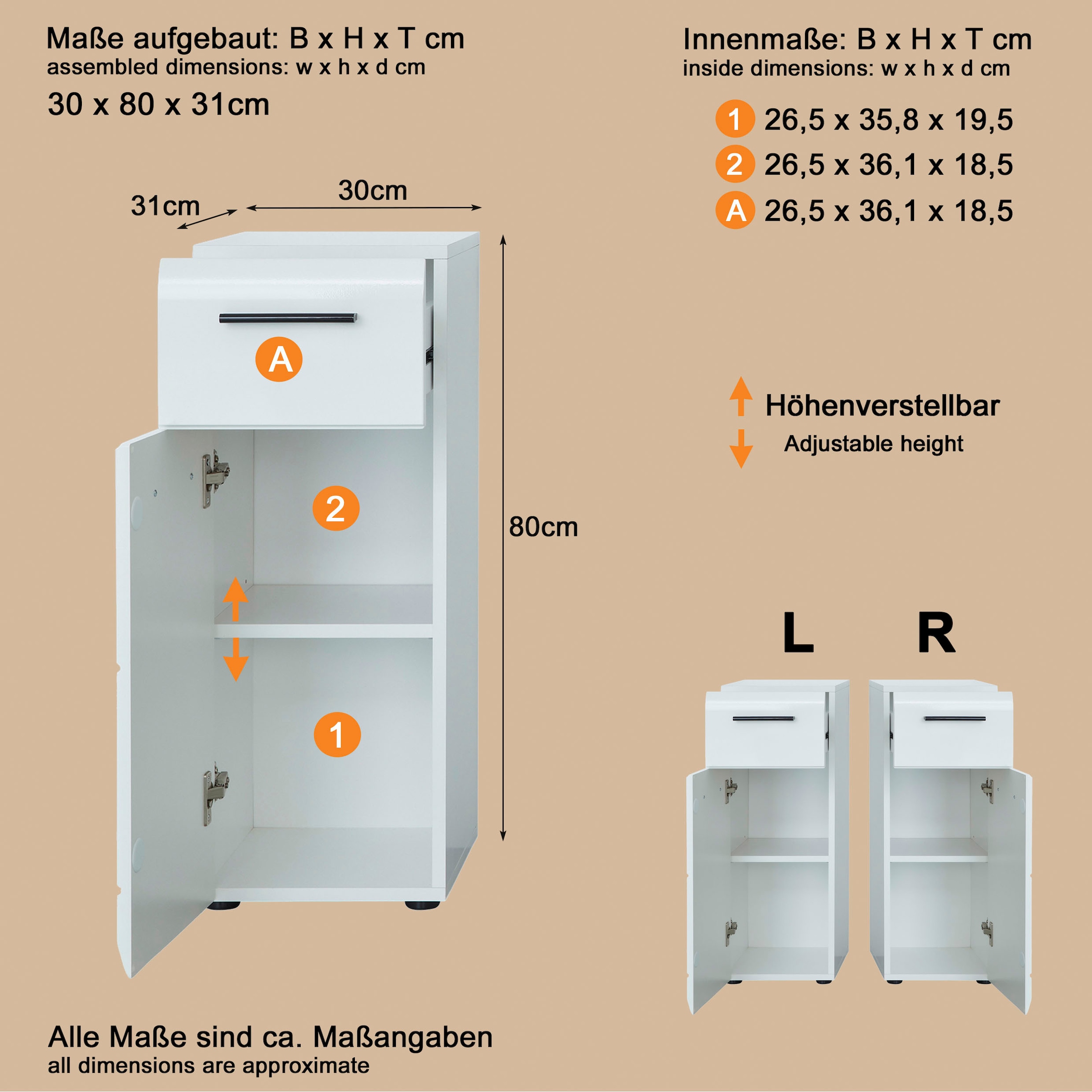 welltime Unterschrank »Sovana« Kommode mit 1 Tür & 1 Schublade - (B/T/H) 30/31/79 cm