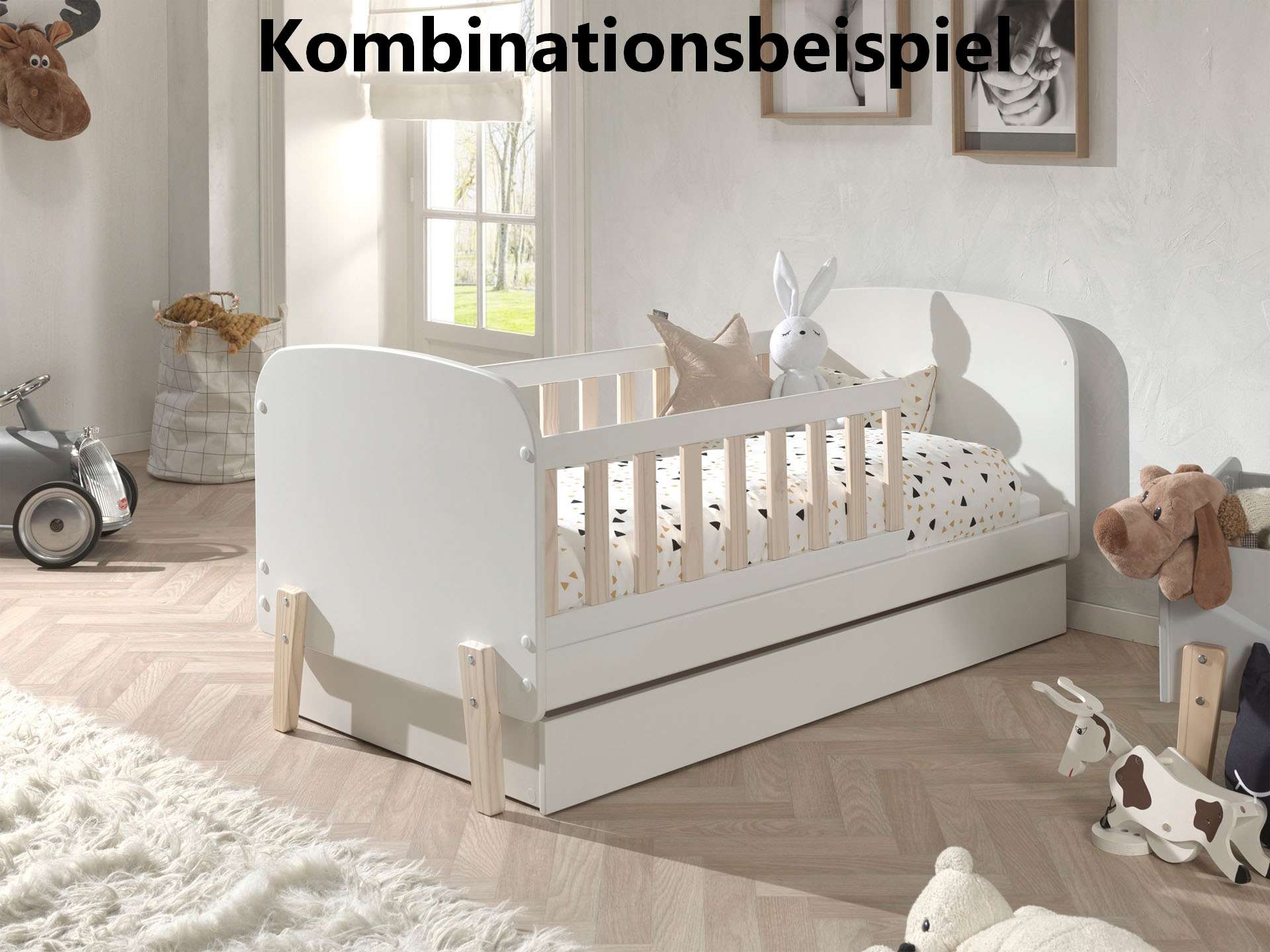 Vipack Kinderbett »Kiddy, inkl. Rolllattenrost, niedrige Einstiegshöhe, stabil gebaut« B/H/T ca. 147x68x77cm, MDF weiss lackiert, Füsse und Sprossen Kiefer,  wahlweise mit oder ohne Bettschublade als Stauraum