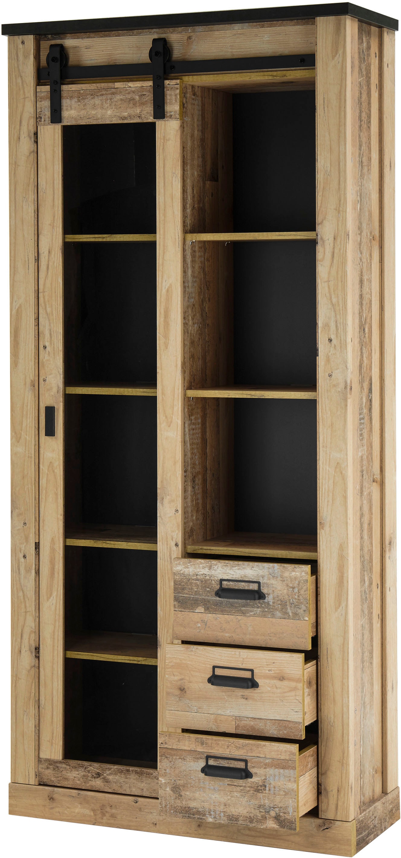 Home affaire Vitrine »Sherwood, Hochschrank im Industrial-Style, moderne Glasvitrine« Scheunentorbeschlag und Apothekergriffe aus Metall, Höhe 201 cm