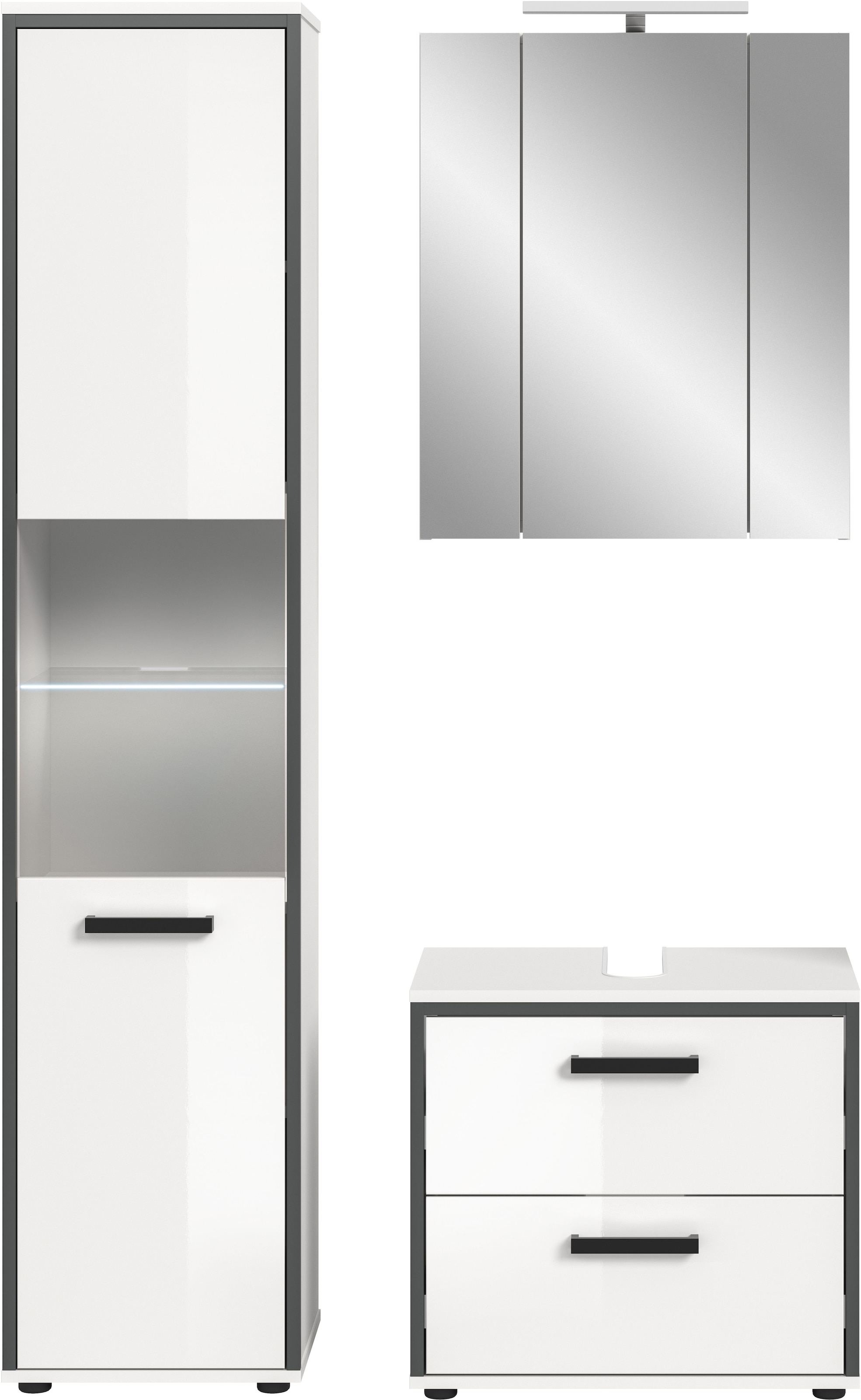 welltime Ensemble de meubles de salle de bain »KAJO, 3-tlg. Badkombination, weiss hochglanz, inkl. Beleuchtung« Set, Set, best. aus: Hochschrank, WBU, Spiegelschrank, Beleuchtung, 5 cuis tlg.
