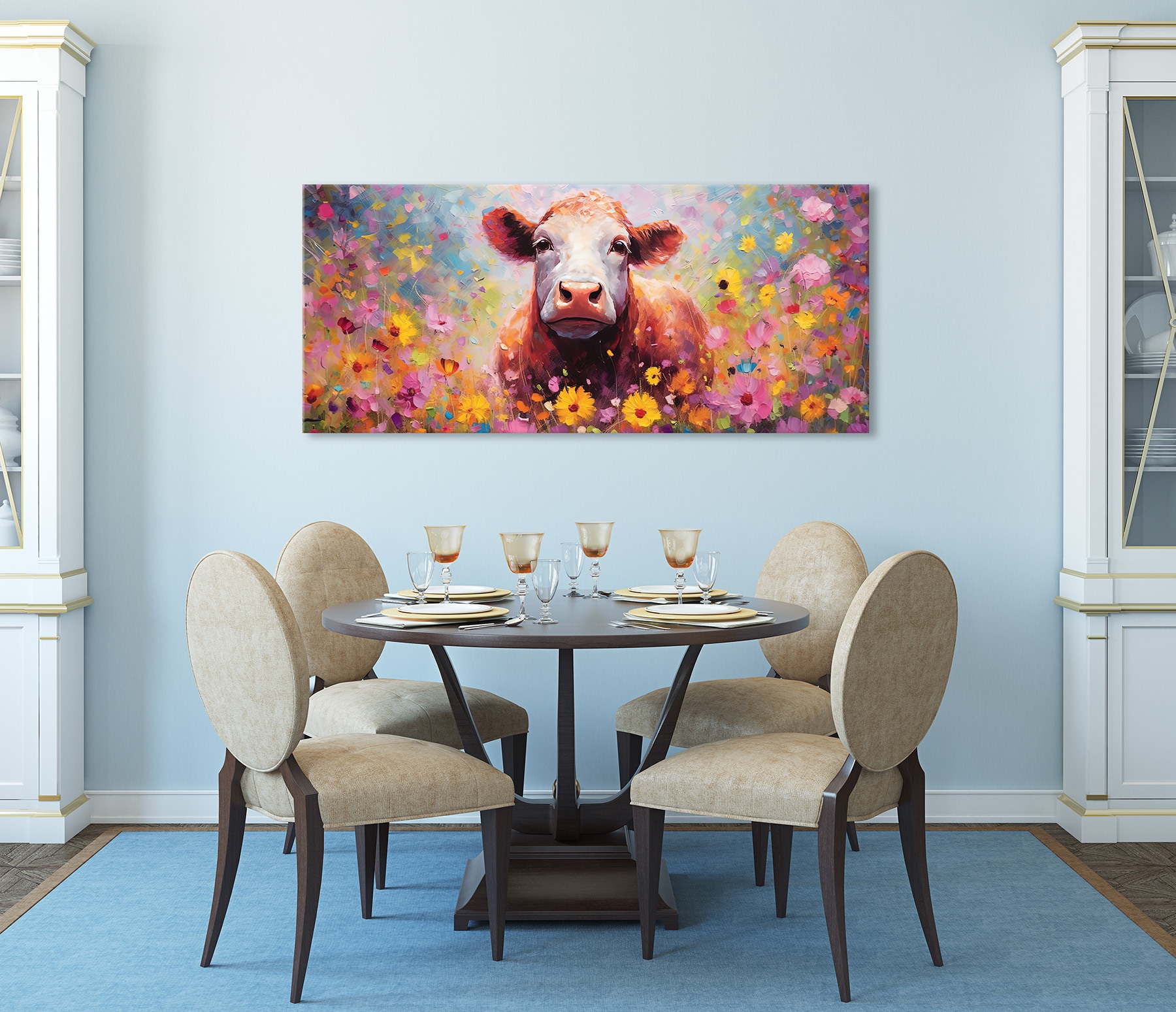 Bönninghoff Leinwandbild »Wandbild BUNTE KUH 60x140 cm – Leinwandbild Keilrahmen Deko modern« Blumen | Kuh | Kühe 1 Stk. tlg. auf Keilrahmen gespannt