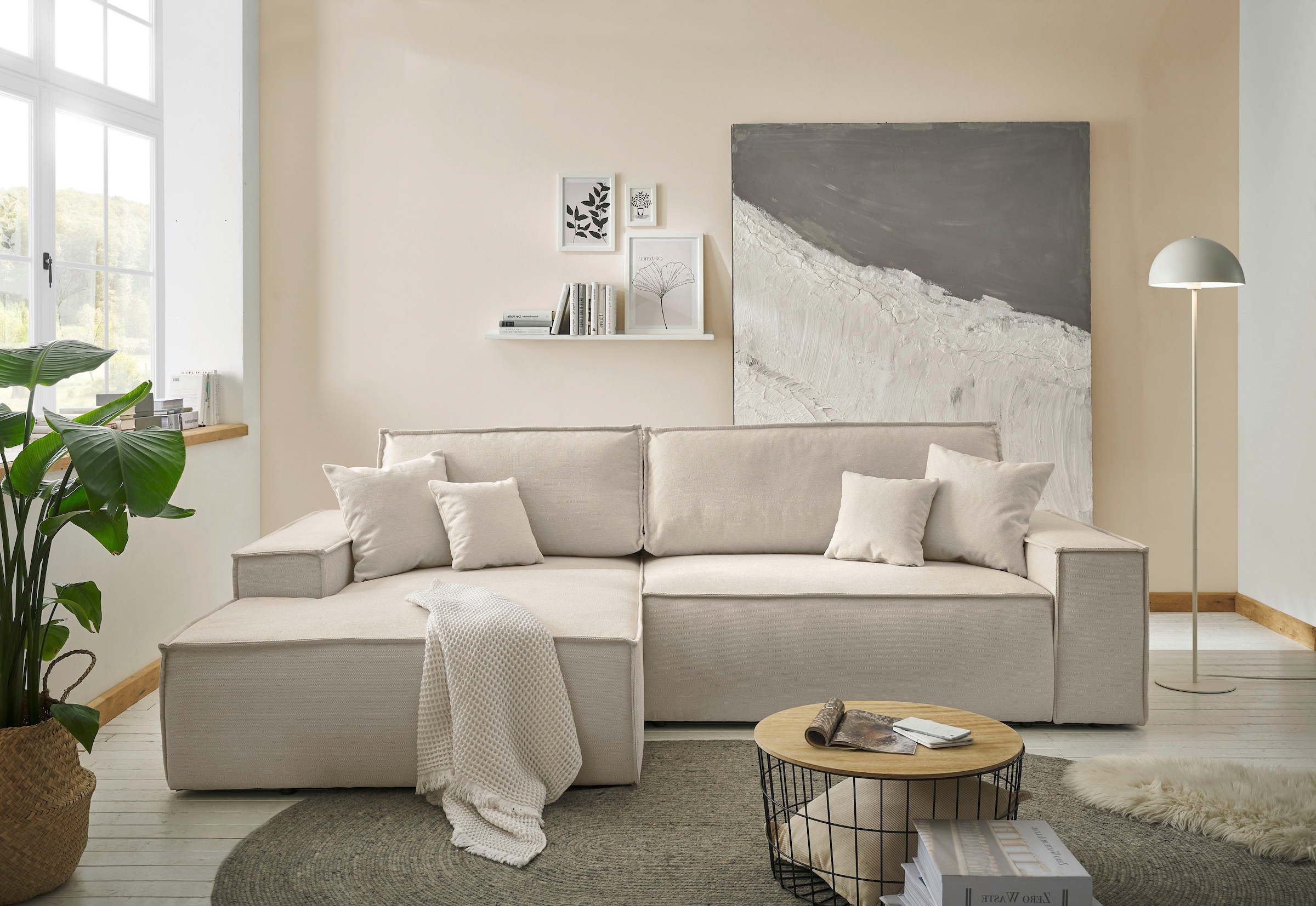 andas Ecksofa »FINNLEY Schlafsofa 267 cm, L-Form mit Schlaffunktion & Bettkasten« verfügbar in den Stoffqualitäten Bouclé, Struktur fein und Mega Cord