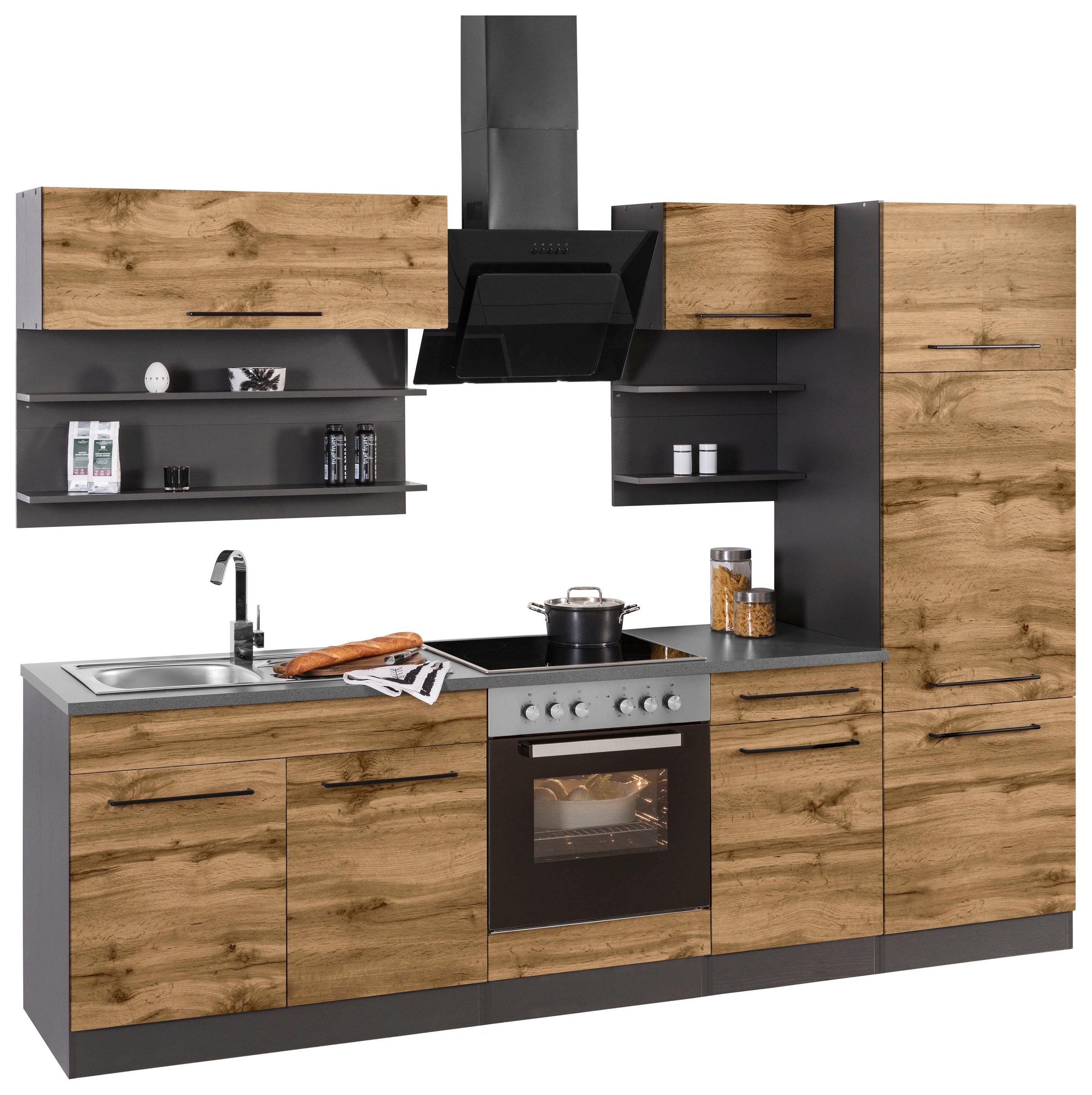 KOCHSTATION Küchenzeile »KS-Tulsa« ohne E-Geräte, Breite 270 cm, schwarze Metallgriffe, MDF Fronten