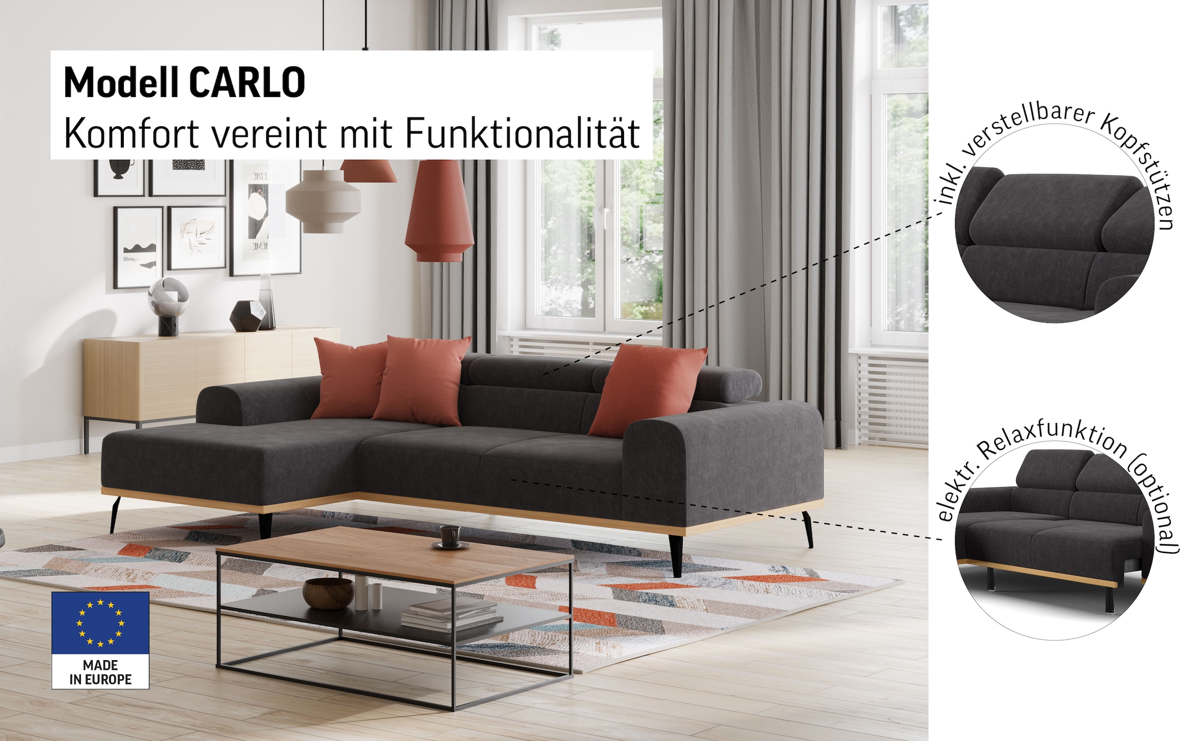 PLACES OF STYLE Ecksofa »Carlo L-Form« mit Kopfteilverstellung & Holz-Rahmenoptik, wahlweise Relaxfunktion