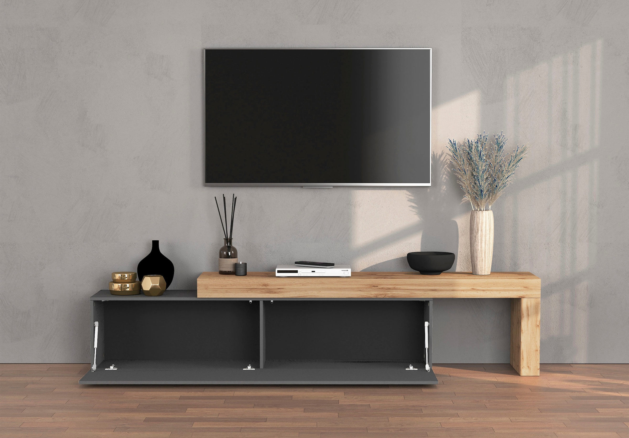 INOSIGN Table basse »Chronos TV-Board, TV-Schrank« Breite verstellbar von 190 bis 350 cm, 1 cuis tlg. Breite 270 cm TV-Board,Lowboard,1 Klappe und ein L-Förmiger Aufsatz