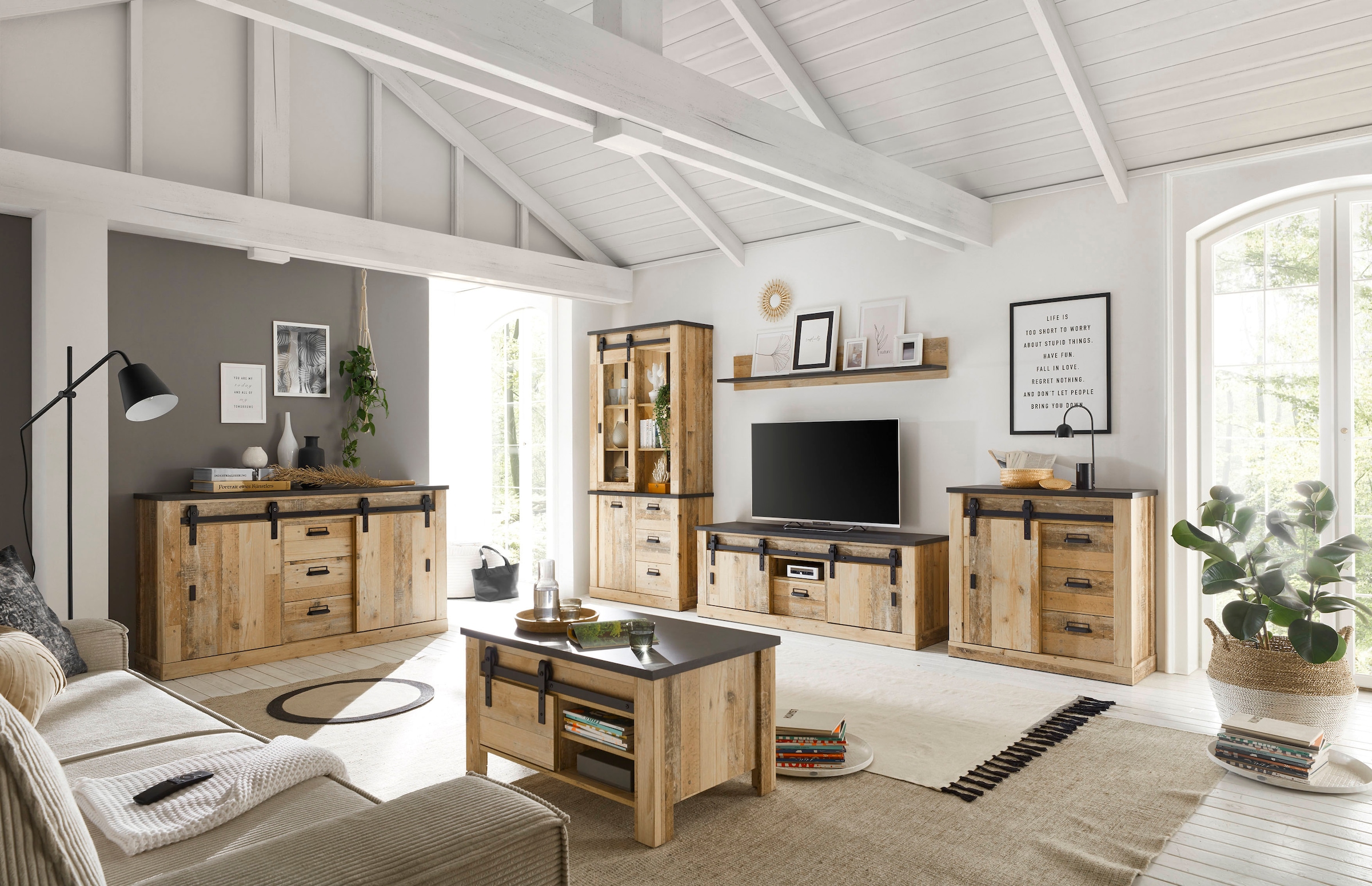 Home affaire Meuble mural »Sherwood, Anbauwand im Industrial-Style, Komplettset, Wohnzimmer-Set« 4 cuis tlg.