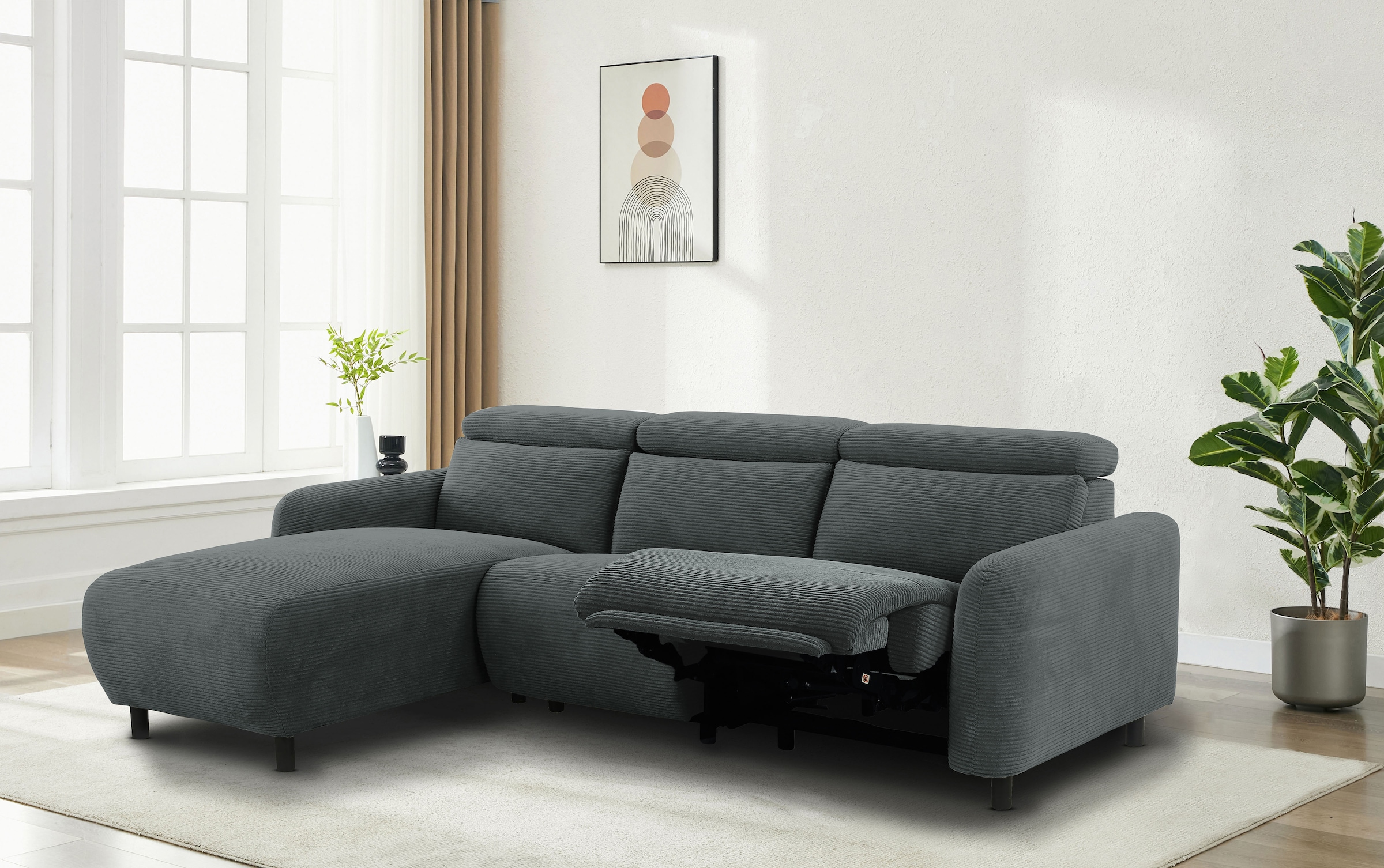 GOODproduct Ecksofa »SKAANE in Cord, L-Form, 274 cm, manuelle u. elektrische Relaxfunktion,« rundes Design, Kopfteilverstellung, Federkernpolsterung