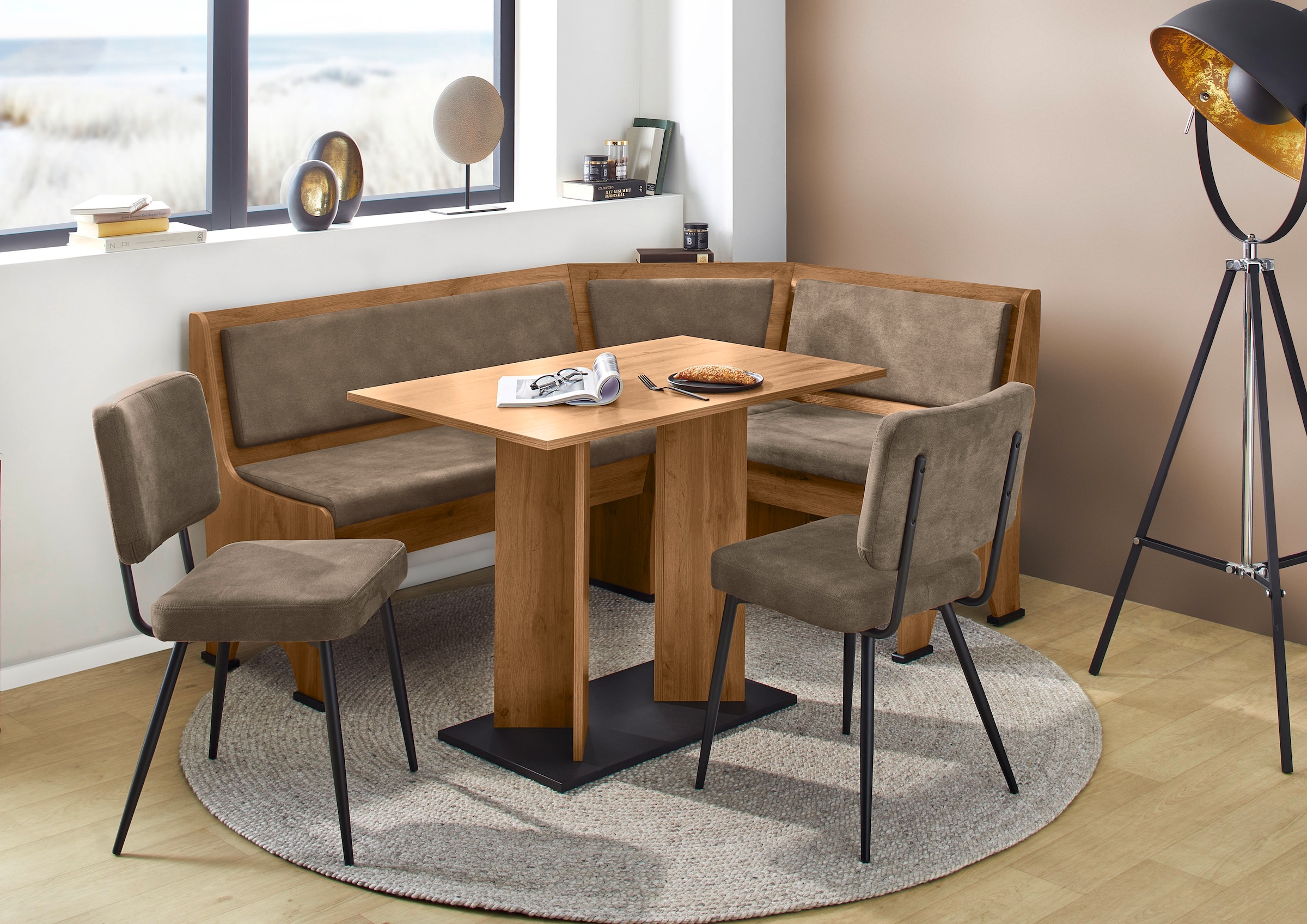 GOODproduct Eckbankgruppe »Theo (Set, 4-tlg. Tisch, Bank und 2 Stühle) 2 Farben wählbar« Bank links/rechts montierbar, mit Stauraum, Stühle im 2er Set