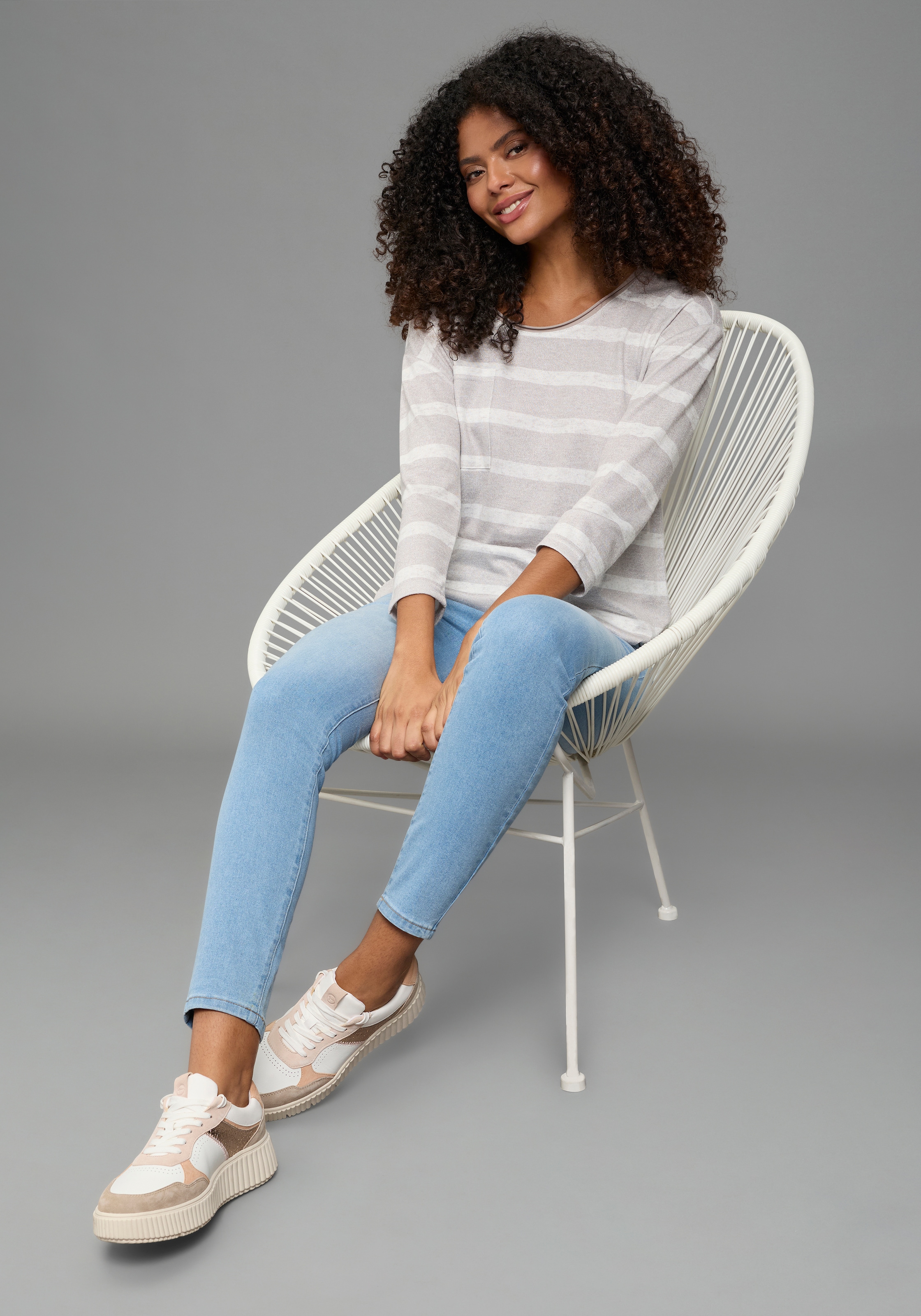 Laura Scott Pull à rayures leichter Übergangspullover mit seitlichem Schlitz und Tasche