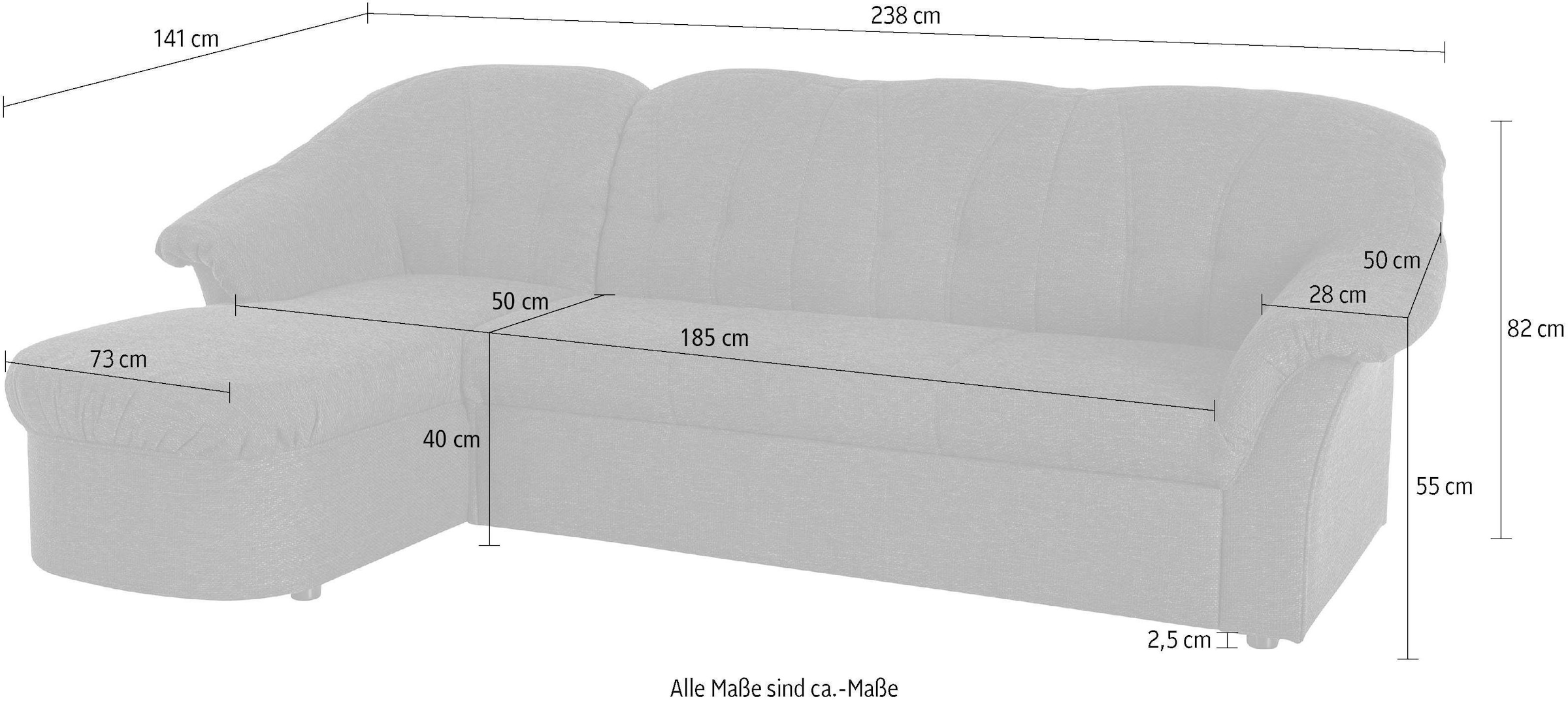 DOMO collection Ecksofa »Pegnitz, elegante Rückensteppung, kompakte Stellmasse 238/141cm, L-Form« wahlweise mit Bettfunktion
