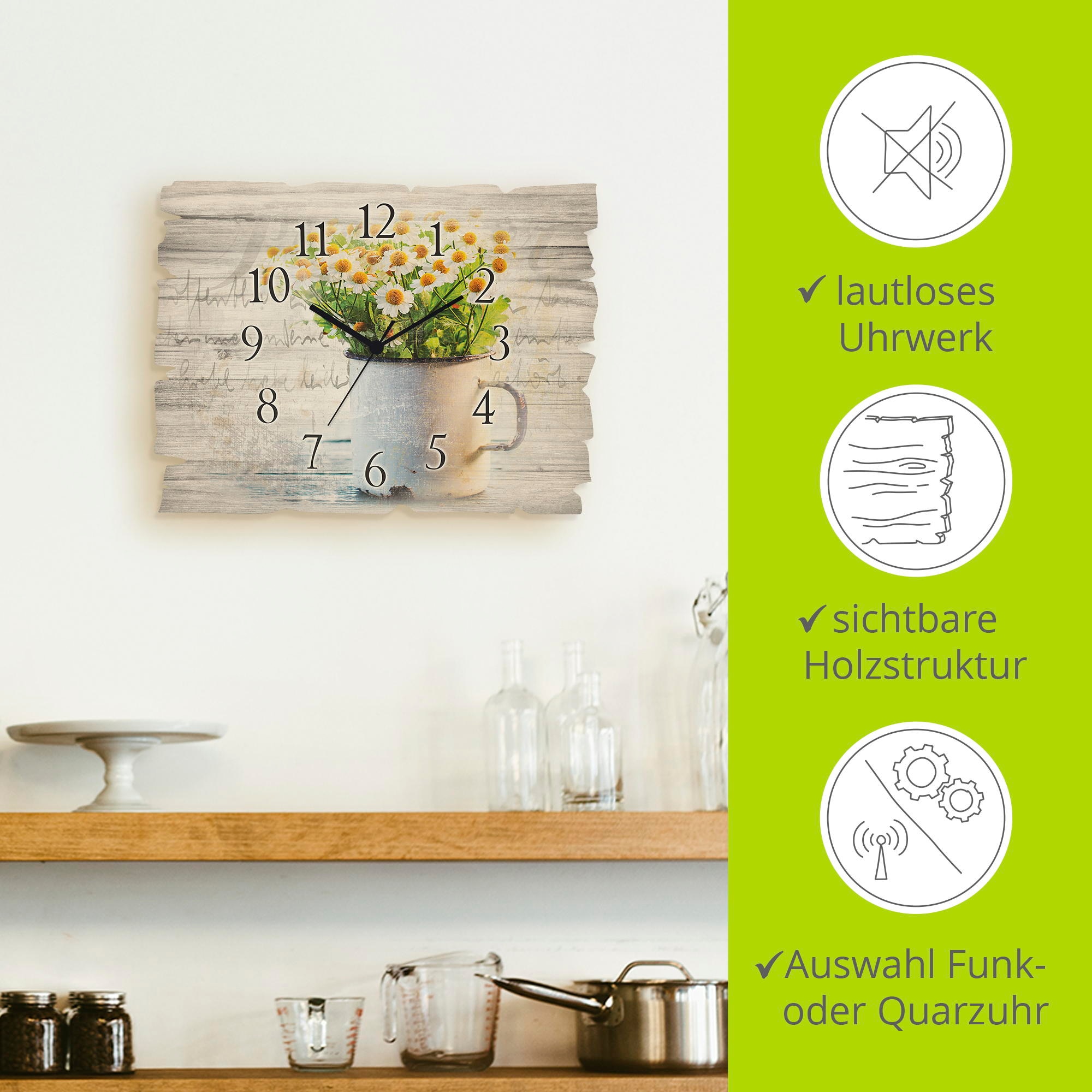 Artland Wanduhr »Frühlingsgarten mit Gänseblümchen« wahlweise mit  Quarz- oder Funkuhrwerk, lautlos ohne Tickgeräusche