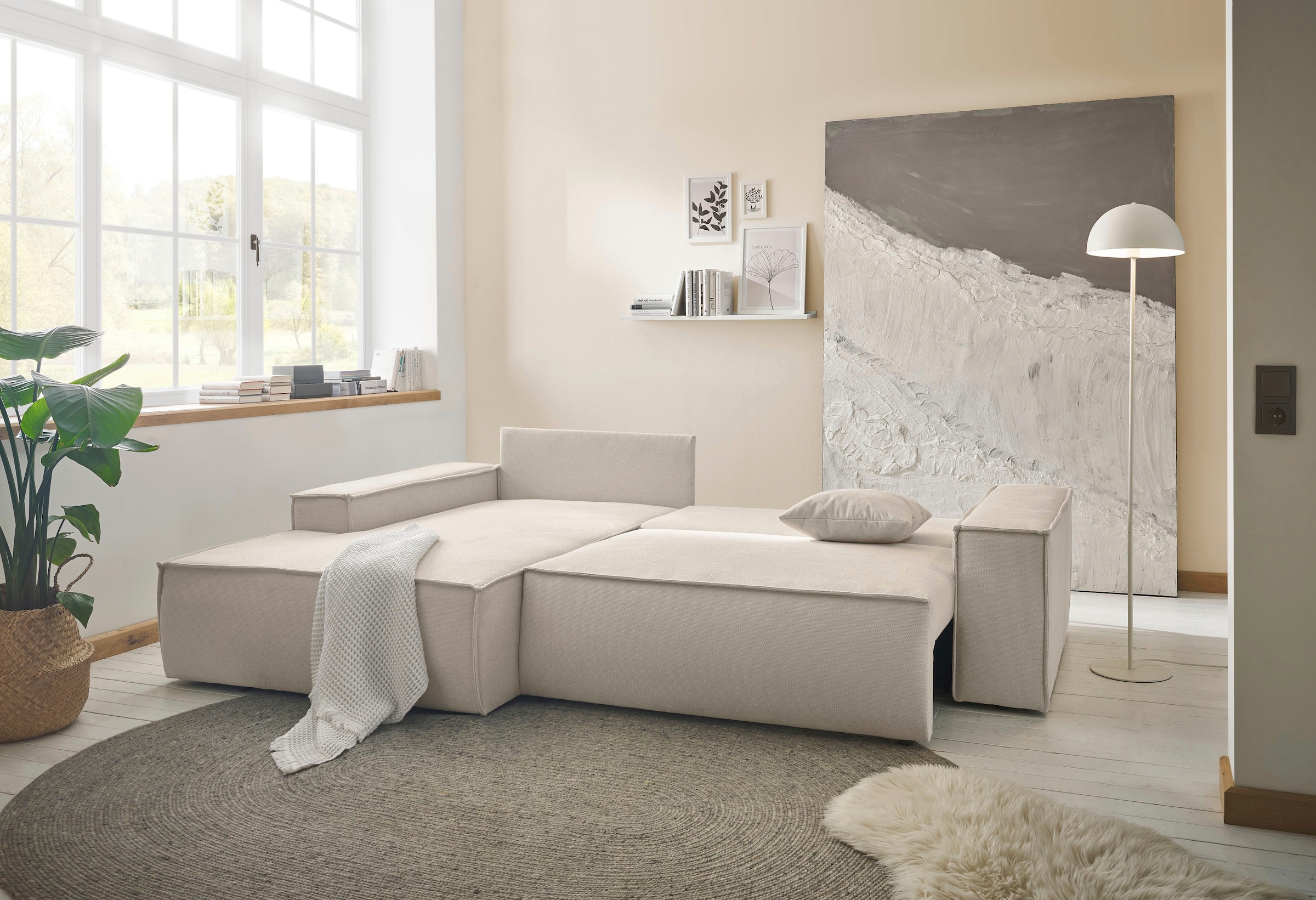 andas Ecksofa »FINNLEY Schlafsofa 267 cm, L-Form mit Schlaffunktion & Bettkasten« verfügbar in den Stoffqualitäten Bouclé, Struktur fein und Mega Cord