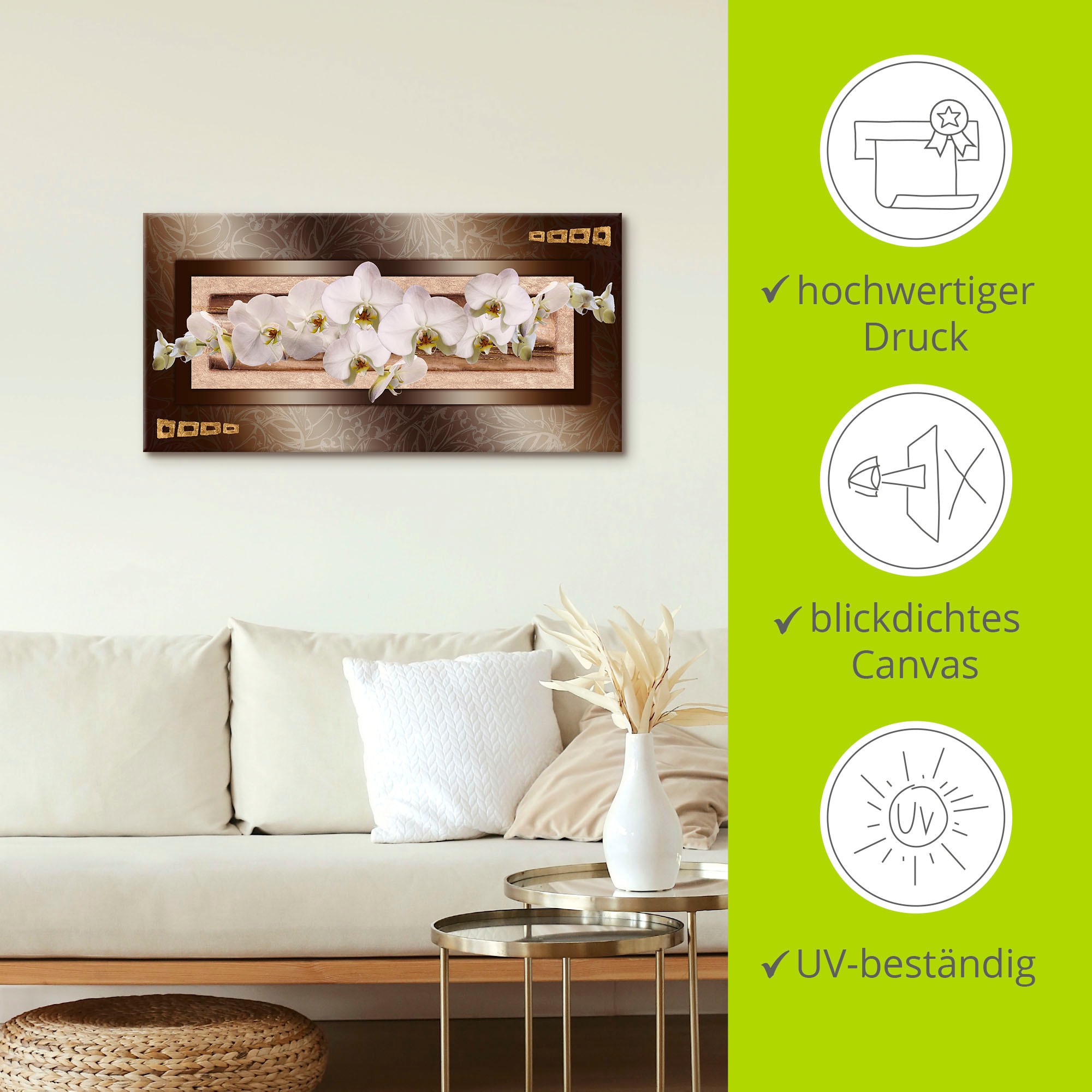 Artland Leinwandbild »Weisse Orchideen mit goldenen Vierecken« Blumen 1 Stk. tlg. auf Holzrahmen gespannt