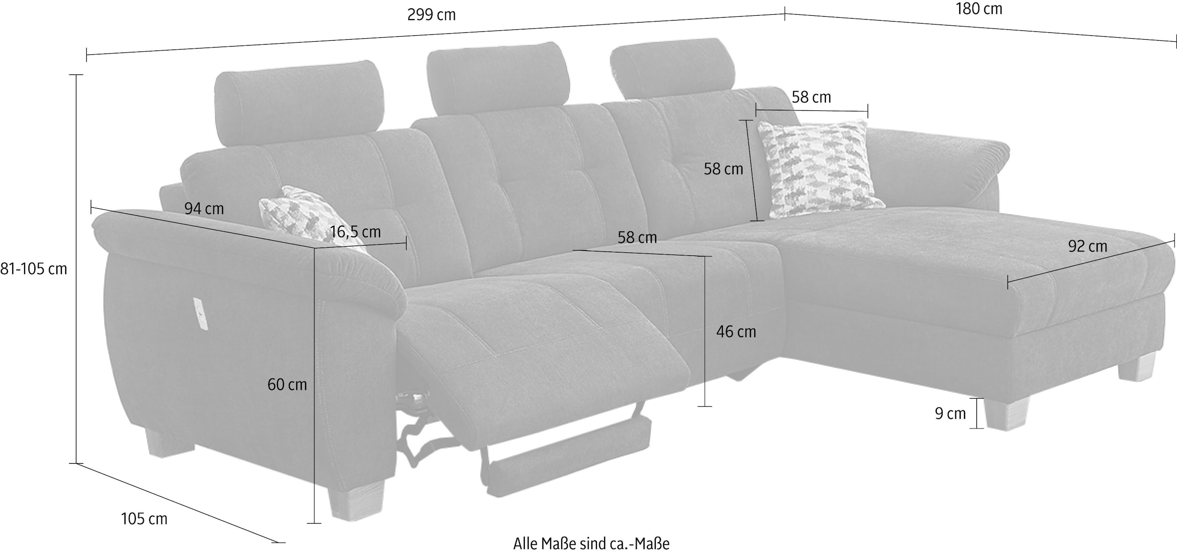 Jockenhöfer Gruppe Ecksofa »Savona L-Form, B: 299  cm« mit elektr. Relaxfunktion, USB, 2 Zierkissen & 3 Kopfstützen
