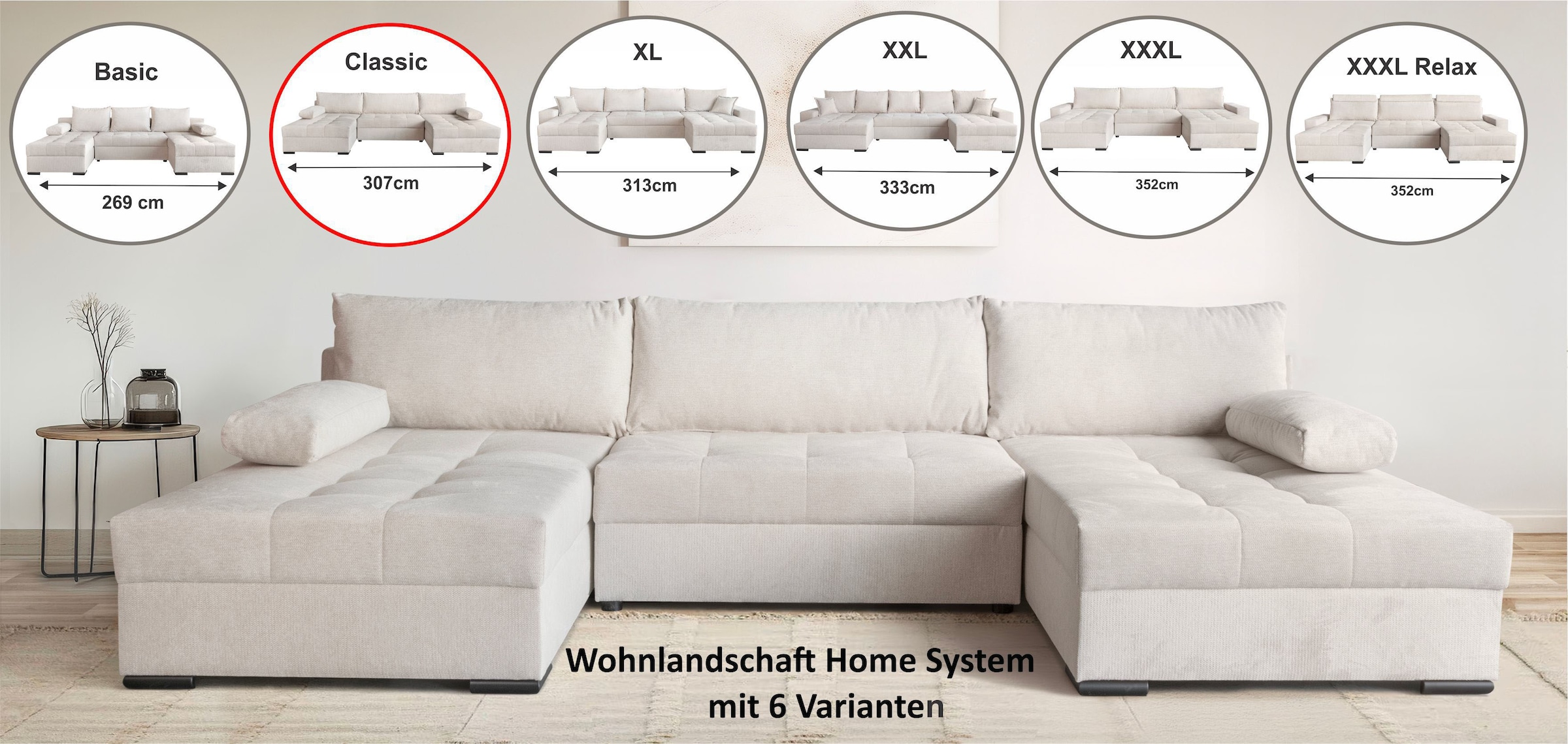 GOODproduct Paysage de salon »Home System U-Form, von B: 269-352 cm wählbar, 6 Varianten zur Auswahl« fonction lit, coffre-lit & coussins décoratifs, ressorts ensachés