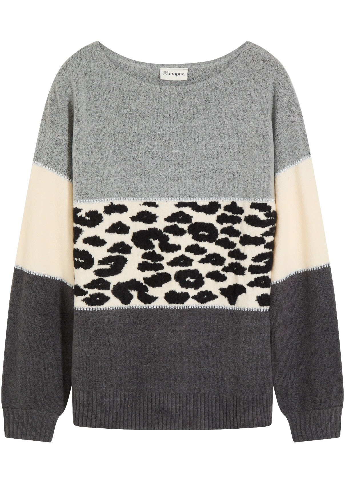 bonprix Pull en tricot »Oversize-Pullover« design à motifs, détails fil pailleté, mélange de matières