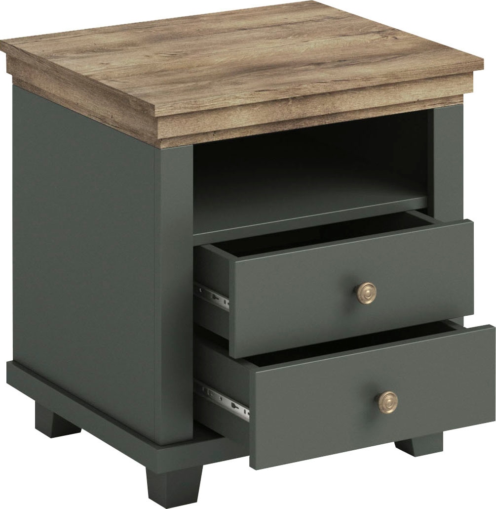 Home affaire Table de nuit »Evora mit 2 Schubläden, Nachttisch in 2 verschieden Farben erhältlich« 52x42x54 cm (BxTxH), Beistelltisch mit MDF-Applikationen, Landhausstil