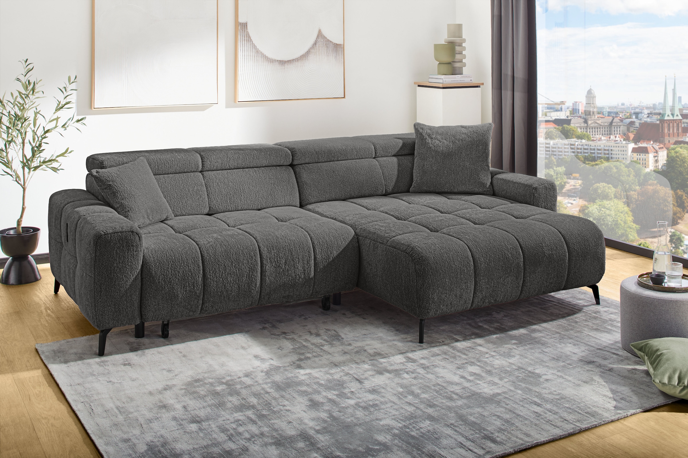 Jockenhöfer Gruppe Ecksofa »Racer L-Form, B: 290 cm, 60 cm elektrische Sitztiefenverstellung« USB-Ports, Kopfstützen verstellbar, Zierkissen, bis 140 kg/Sitz