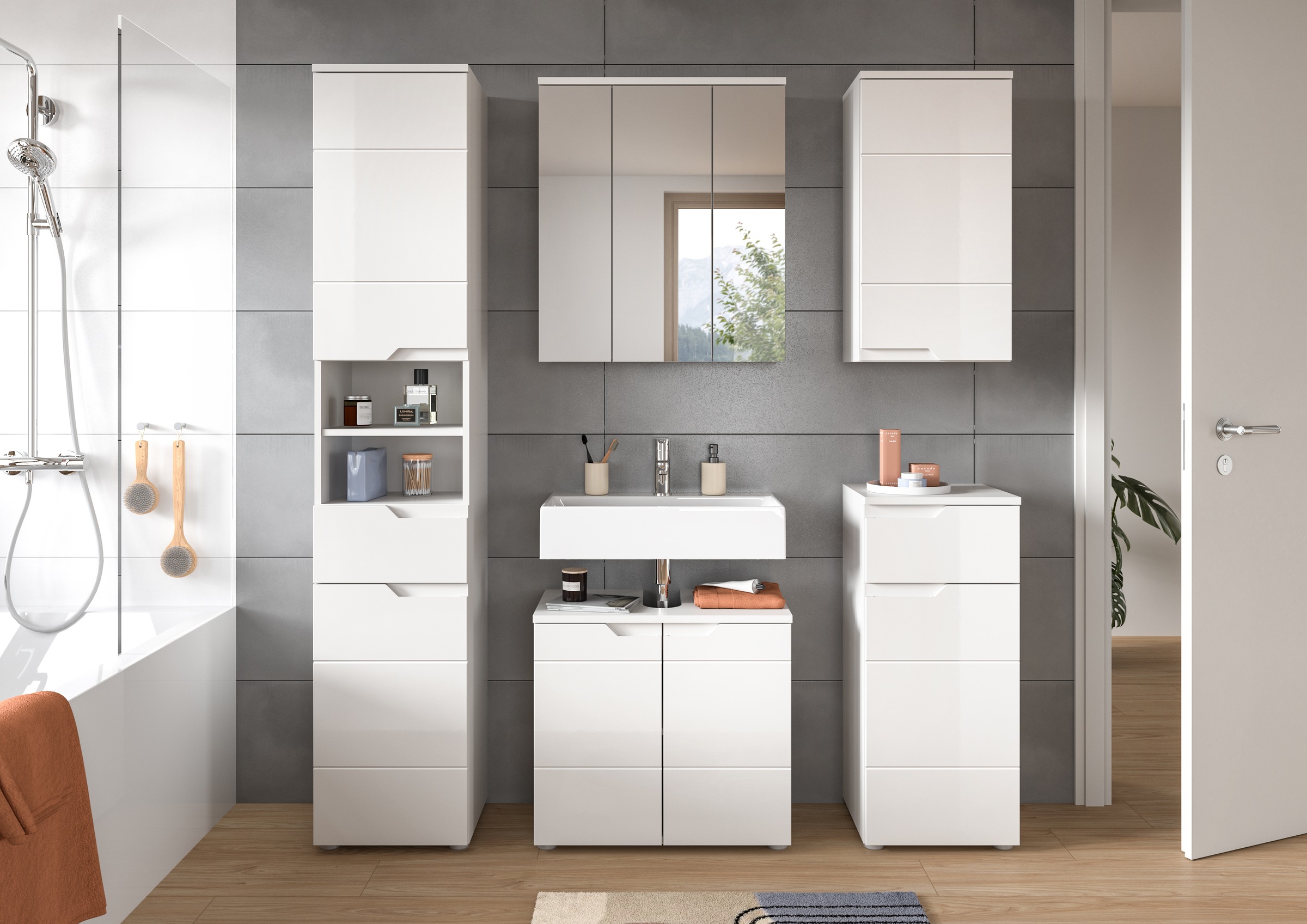 welltime Badmöbel-Set »CAPRI, 5-teilig, mit eingefasster Griffmulde, bestehend aus:«