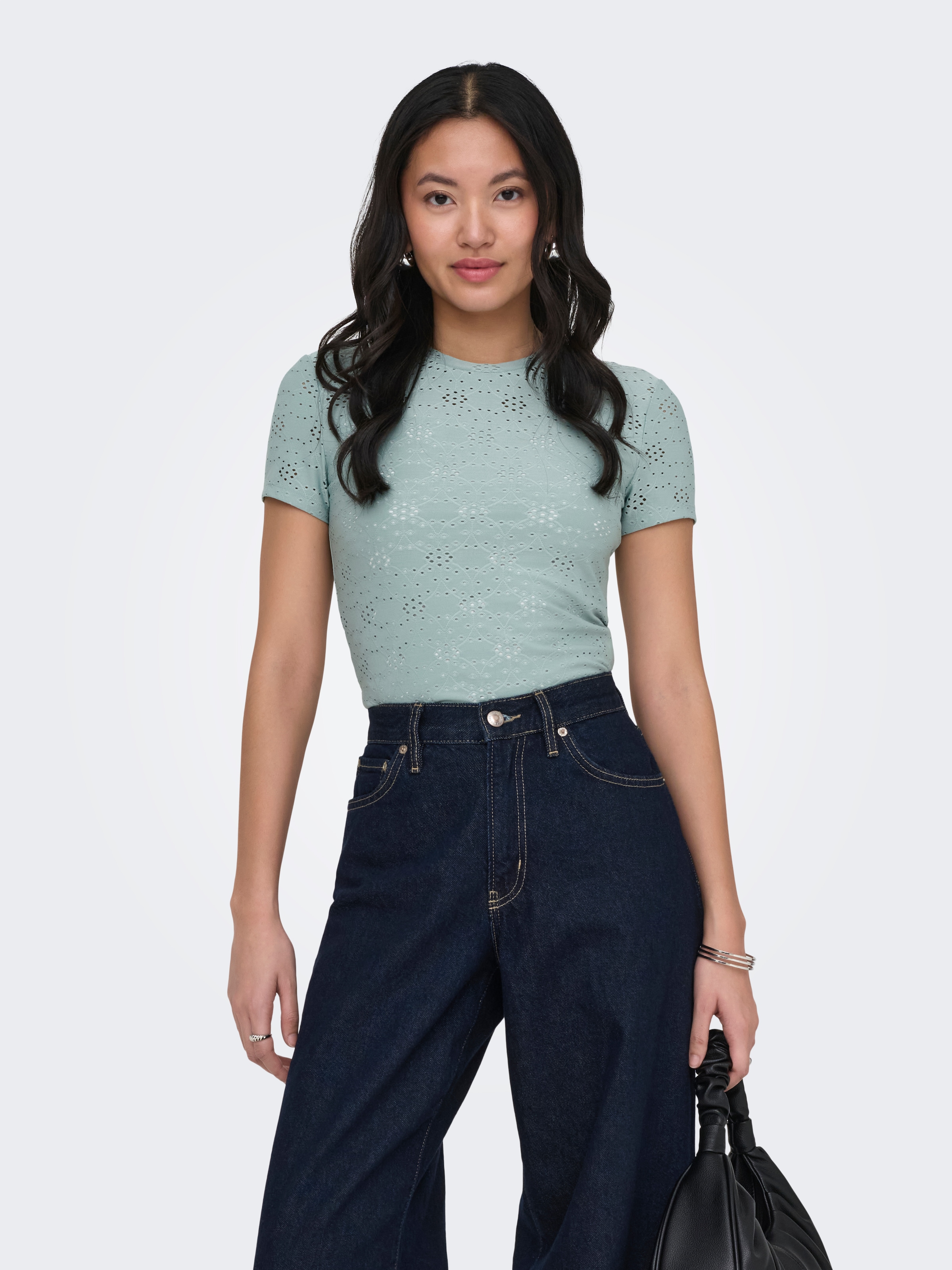 ONLY T-shirt »ONLSMILLA NEW S/S TOP JRS« mélange de matériaux, coupe slim, col rond