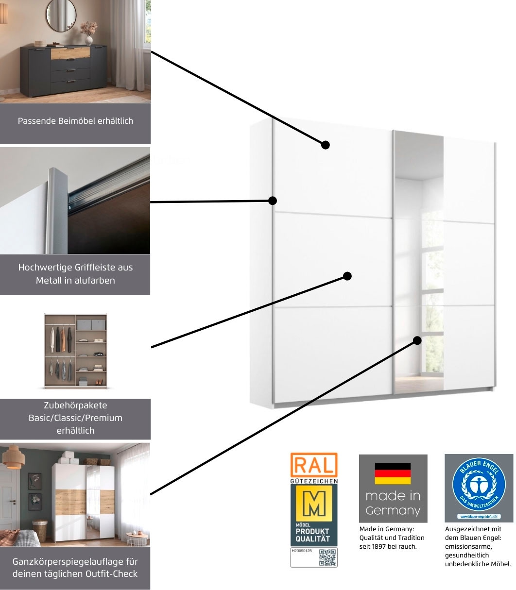 rauch Armoire à portes coulissantes »Kleiderschrank Schrank Garderobe TOPSELLER ASTANA OTTO´s CHOICE« 3 Ausstattungen BASIC/CLASSIC/PREMIUM (inkl. SOFT-CLOSE-FUNKTION),  mit 3 Spiegelelementen, Metallgriffleisten alufarbig MADE IN GERMANY