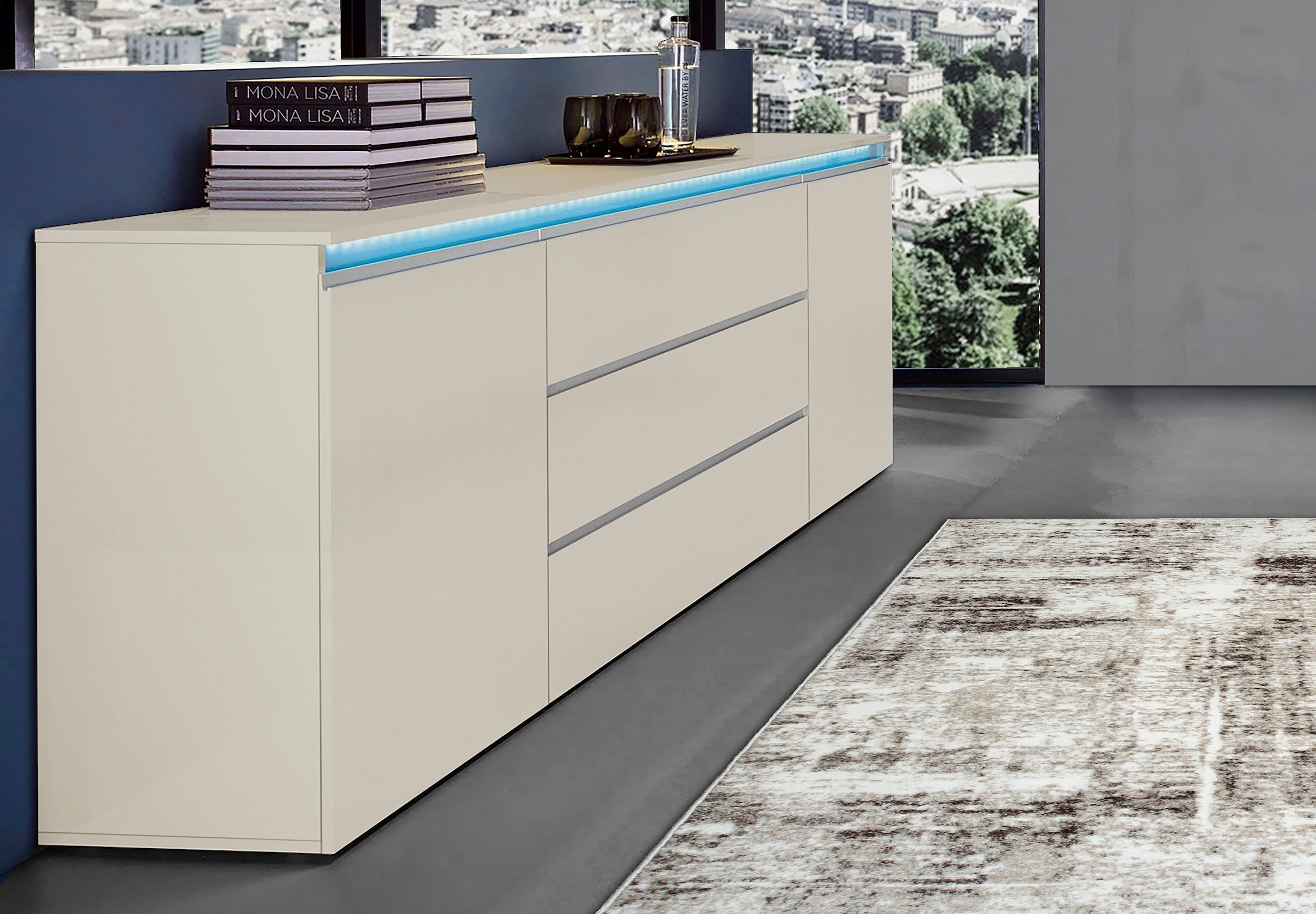 Home affaire Buffet »Magic, Kommode, Schrank, Stauraumschrank« Hochwertiger Aluminiumgriff, 2 Türen, 3 Schubkästen,B/T/H 240×40×81 cm