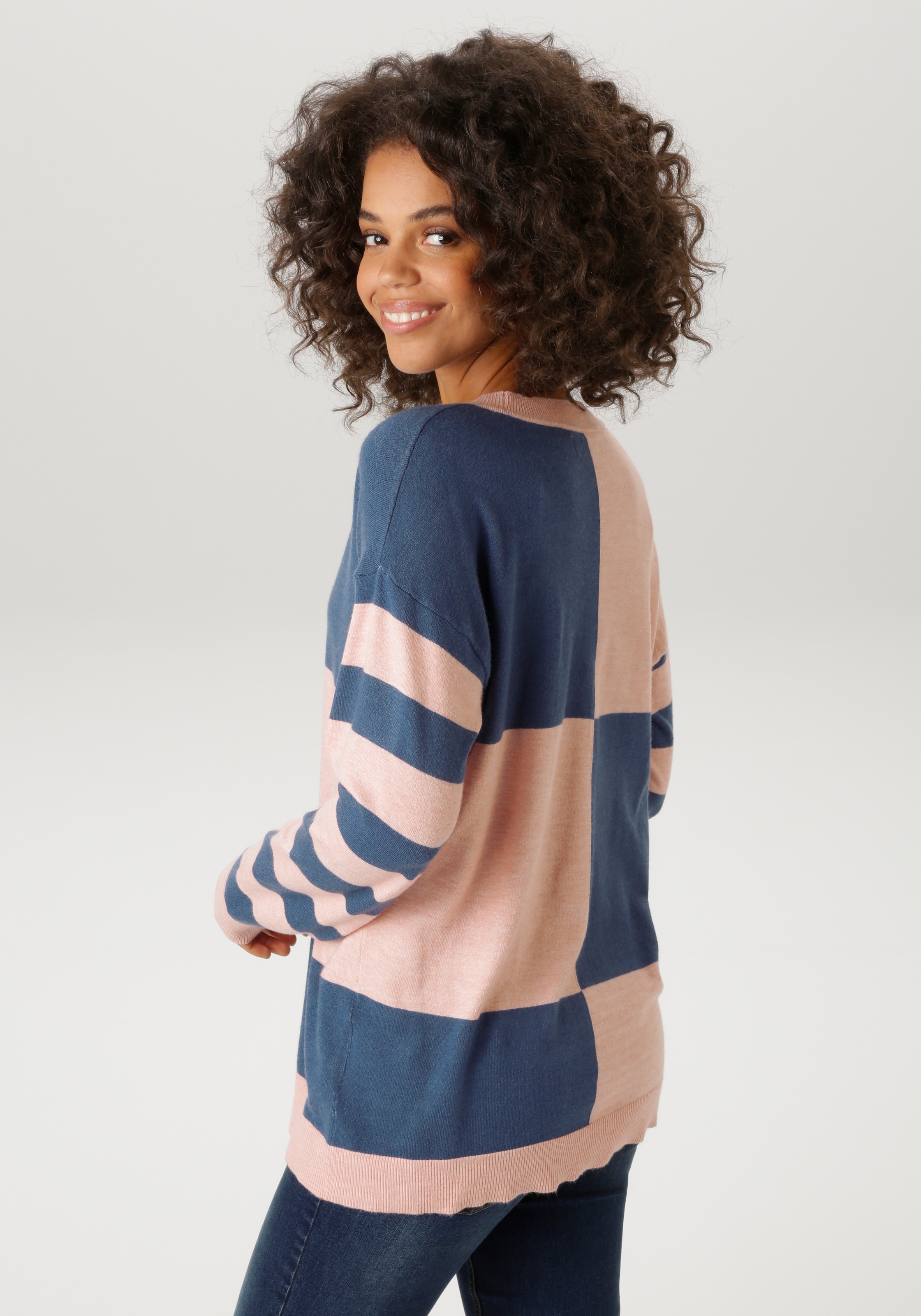 Aniston CASUAL Strickpullover mit grossflächigem Patchmuster und geringelten Ärmeln - NEUE KOLLEKTION